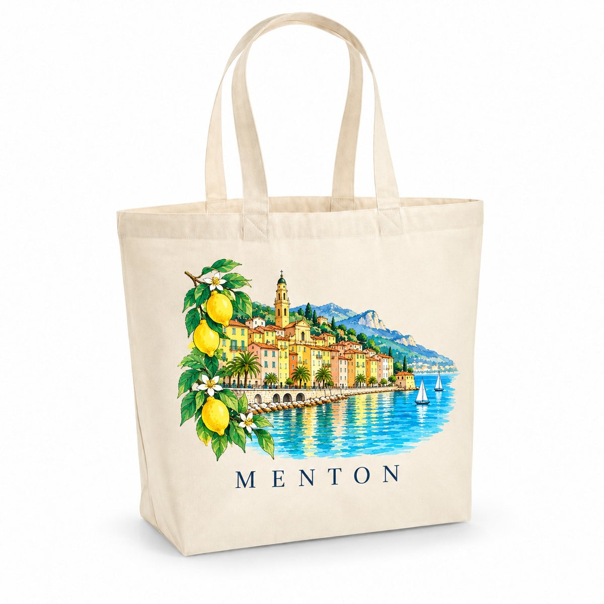 Tote bag Menton Premium, cabas à soufflet en coton naturel 200 g/m² de 18 litres, illustration aquarelle de la vieille ville colorée, de la mer et des citrons