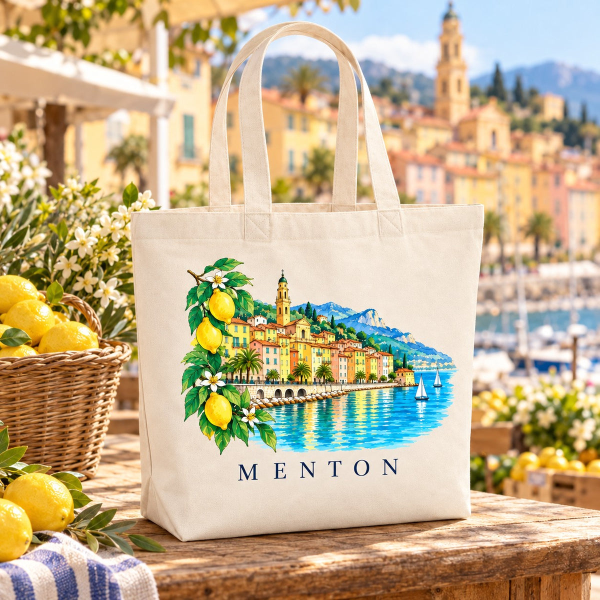 Tote bag Menton Premium posé sur un étal de marché avec des citrons