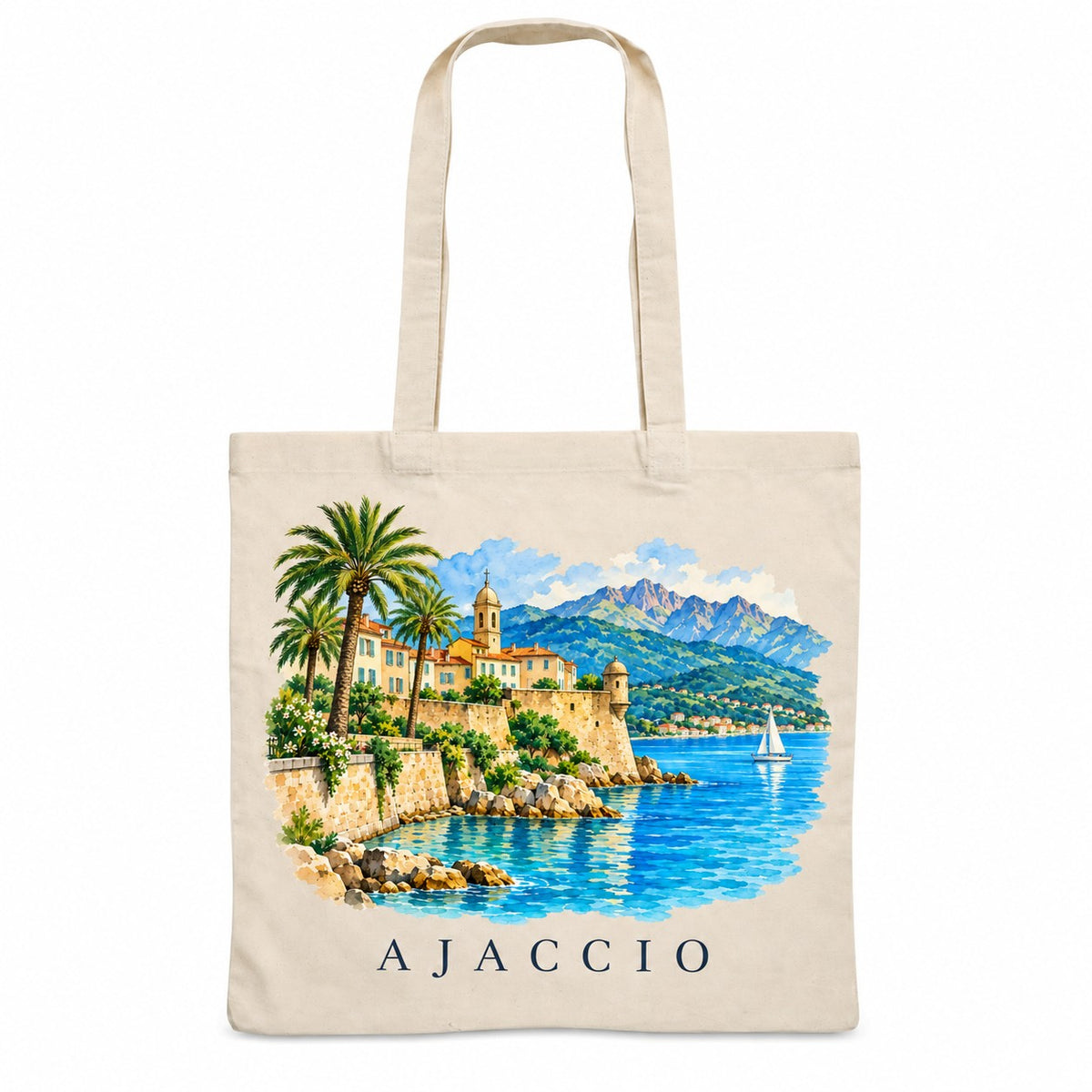 Tote bag Ajaccio Essentiel, sac plat en coton naturel 140 g/m² de 38 × 42 cm, illustration aquarelle de la citadelle, des palmiers et du golfe