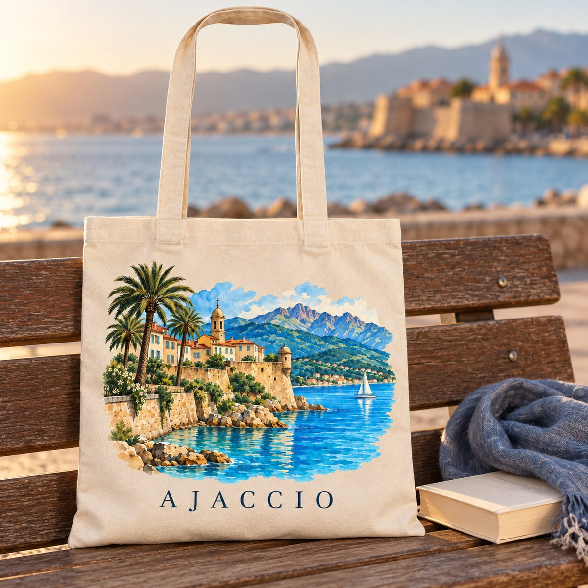 Tote bag Ajaccio Essentiel posé sur un banc face au golfe au coucher du soleil, avec un livre