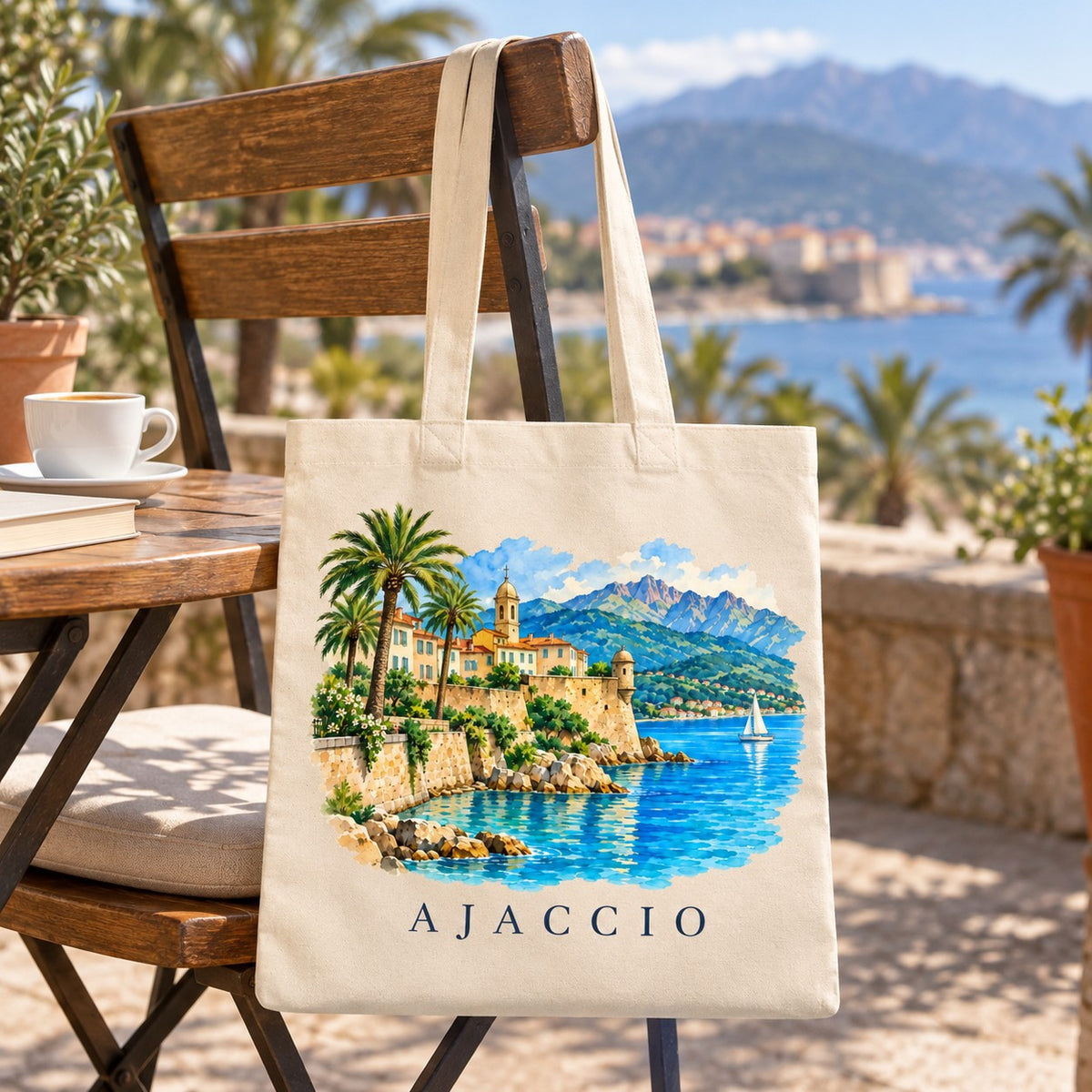 Tote bag Ajaccio Essentiel suspendu à une chaise en terrasse face au golfe, avec un café