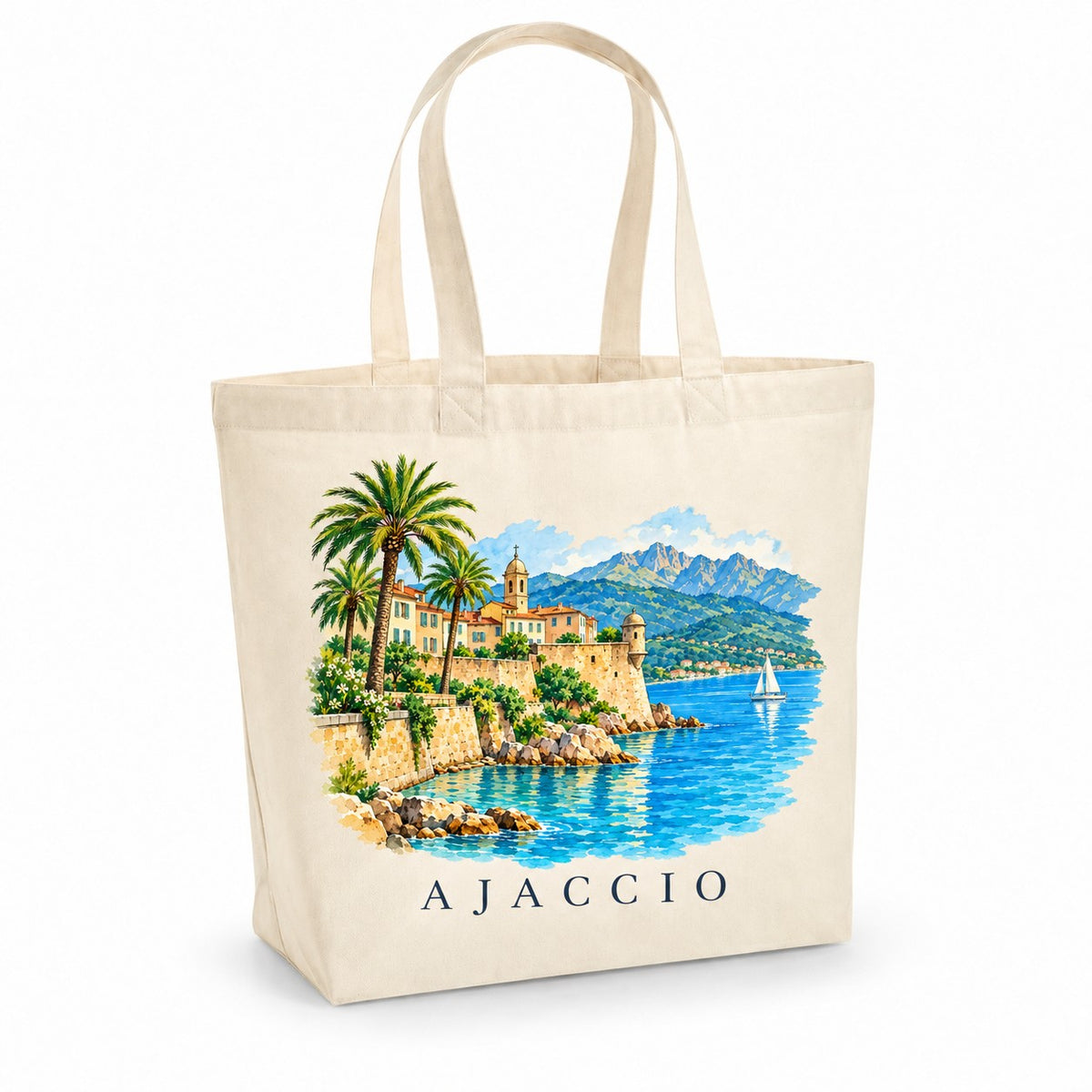 Tote bag Ajaccio Premium, cabas à soufflet en coton naturel 200 g/m² de 18 litres, illustration aquarelle de la citadelle, des palmiers et du golfe