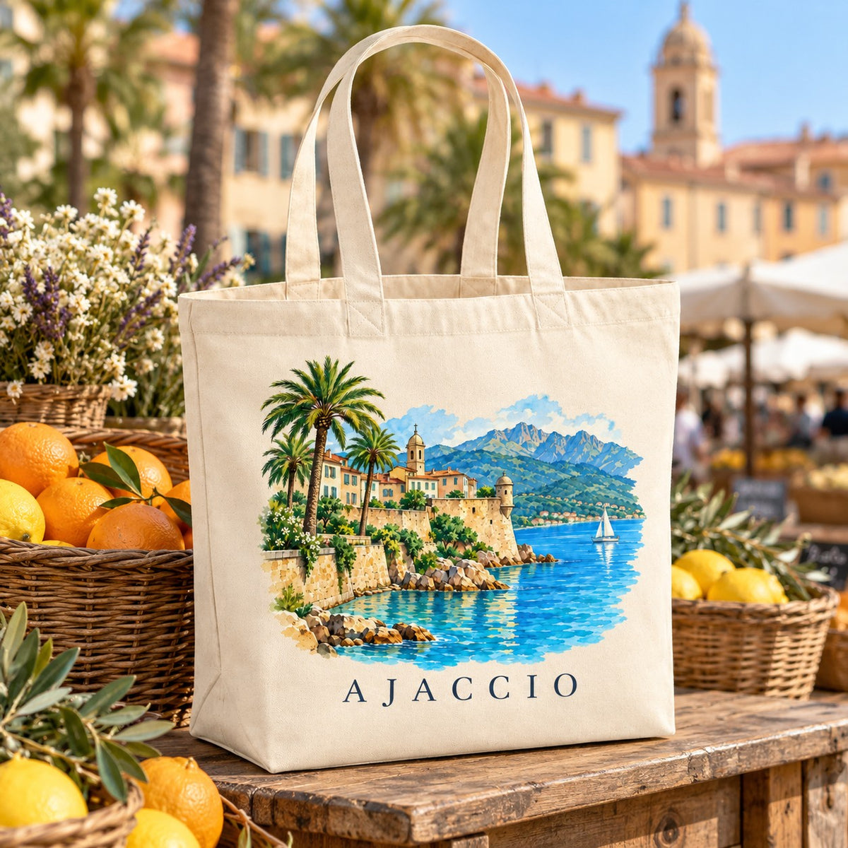Tote bag Ajaccio Premium posé sur un étal de marché avec des oranges et des citrons