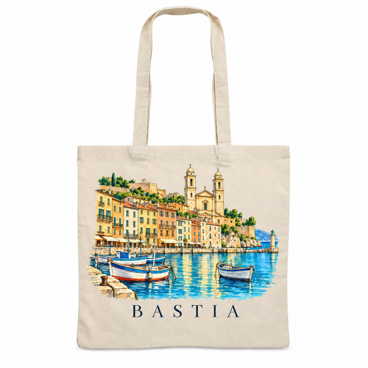 Tote bag Bastia Essentiel, sac plat en coton naturel 140 g/m² de 38 × 42 cm, illustration aquarelle du Vieux-Port, de l'église aux deux clochers et des barques