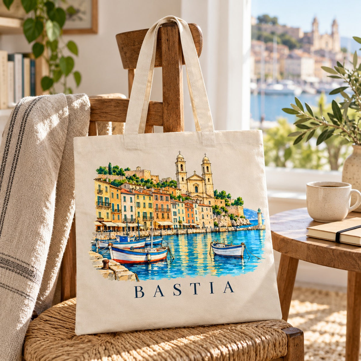 Tote bag Bastia Essentiel posé sur une chaise près d'une fenêtre, avec une tasse et un livre