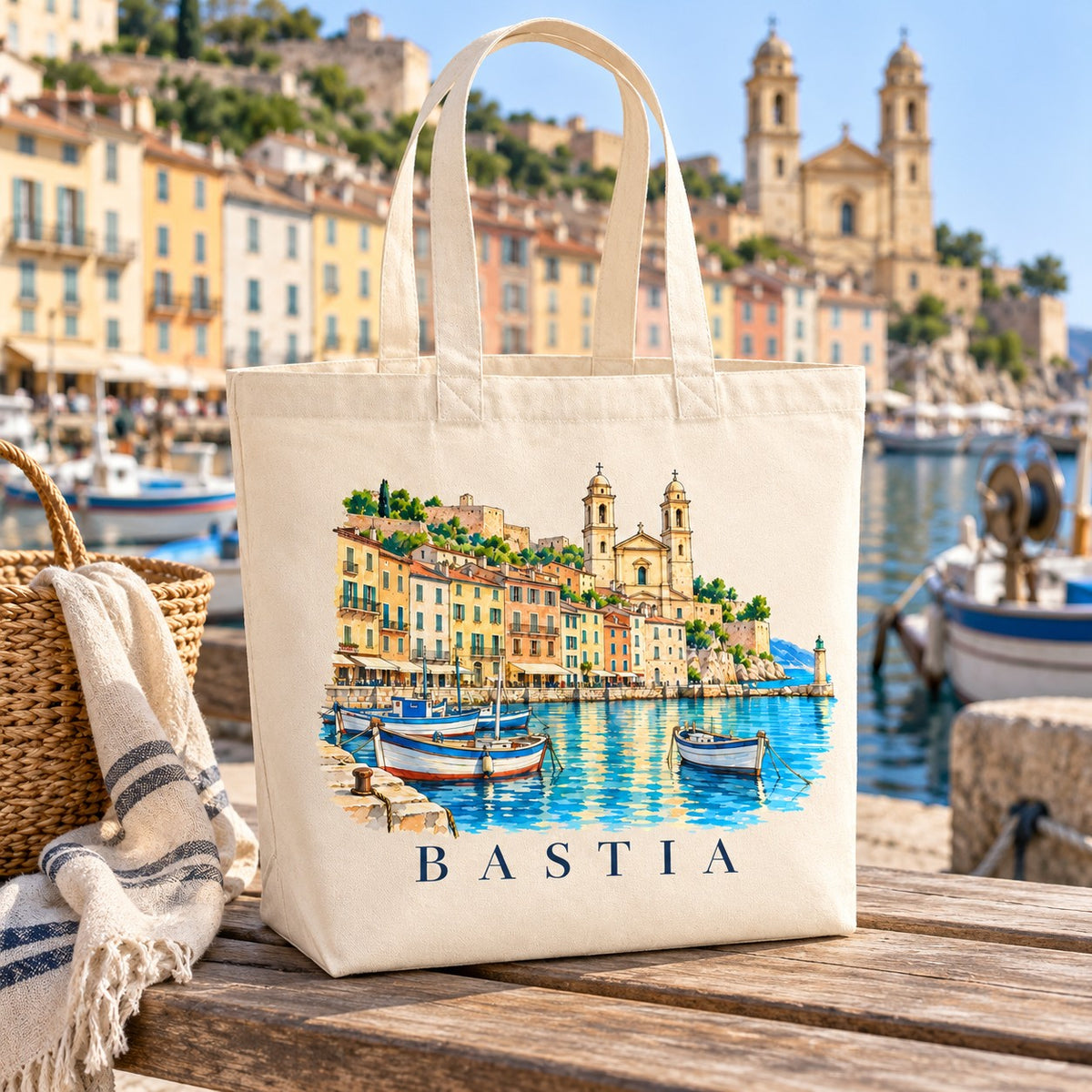 Tote bag Bastia Premium posé sur une table du port, avec un panier