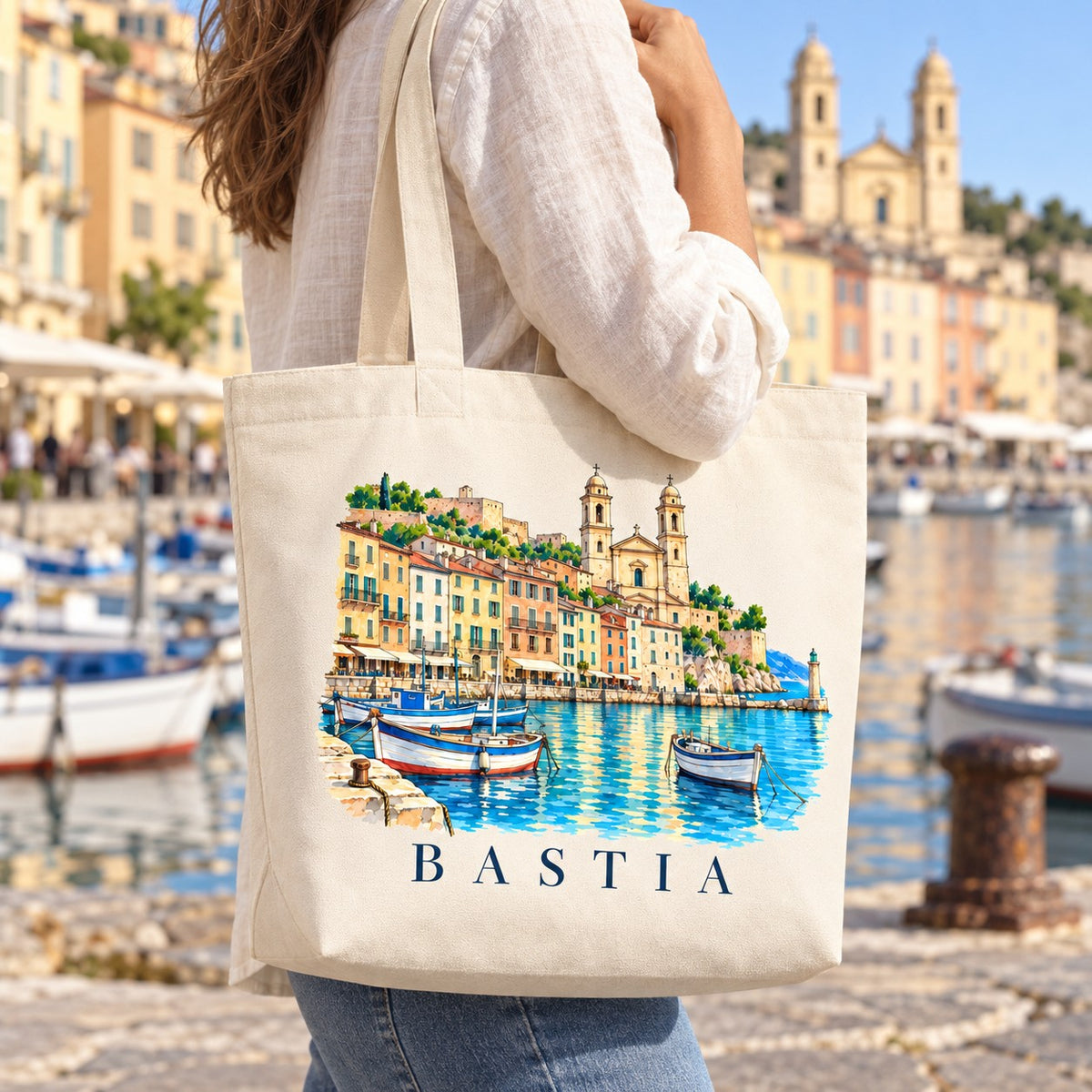 Tote bag Bastia Premium porté à l'épaule sur le quai du Vieux-Port