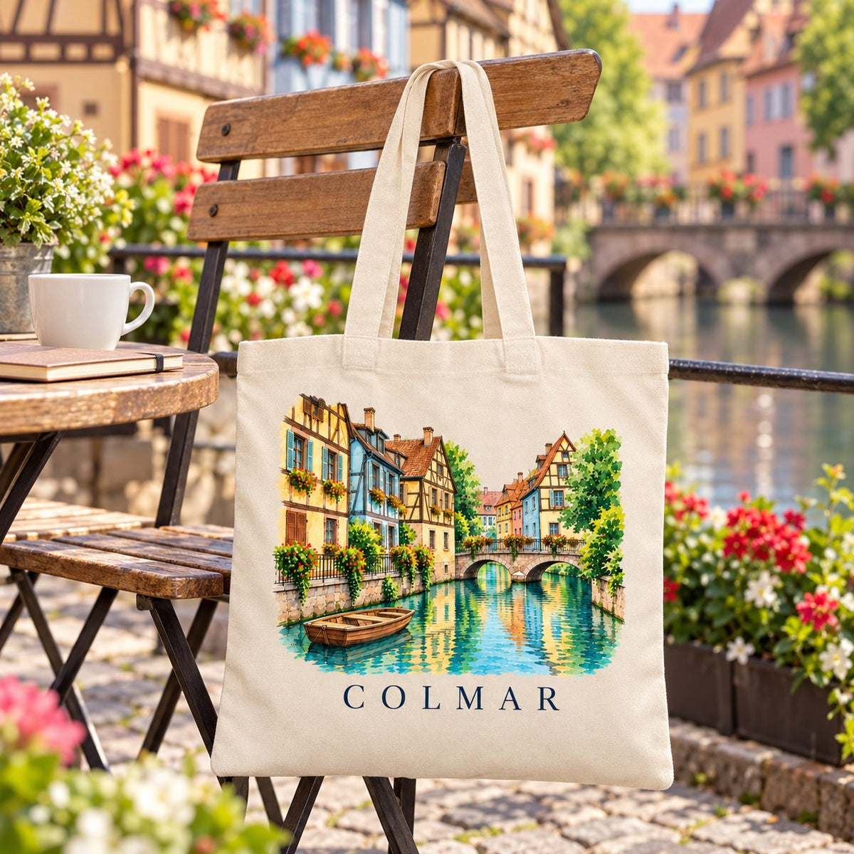 Tote bag Colmar Essentiel suspendu à une chaise en terrasse au bord du canal, avec un café
