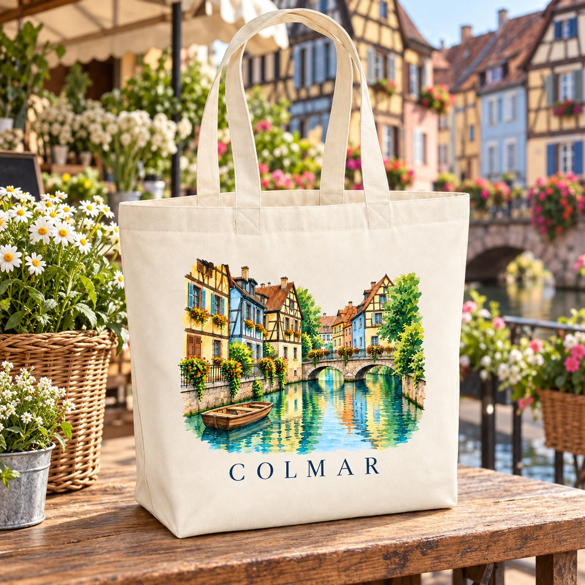 Tote bag Colmar Premium posé sur un étal fleuri au bord du canal