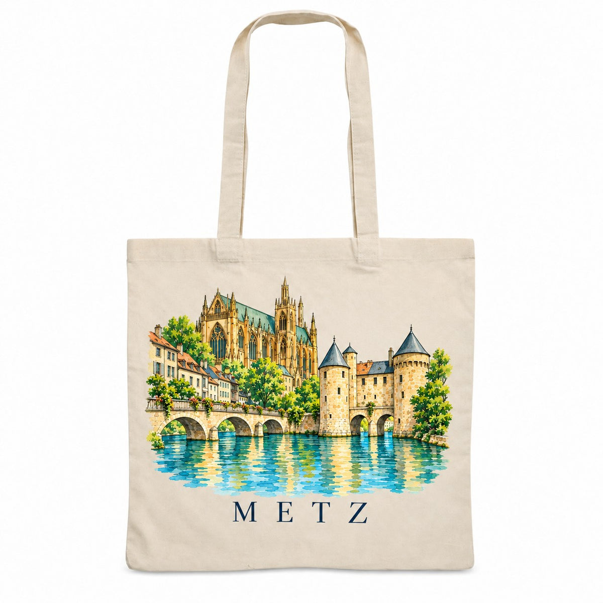 Tote bag Metz Essentiel, sac plat en coton naturel 140 g/m² de 38 × 42 cm, illustration aquarelle de la cathédrale Saint-Étienne, de la porte des Allemands et de la Moselle