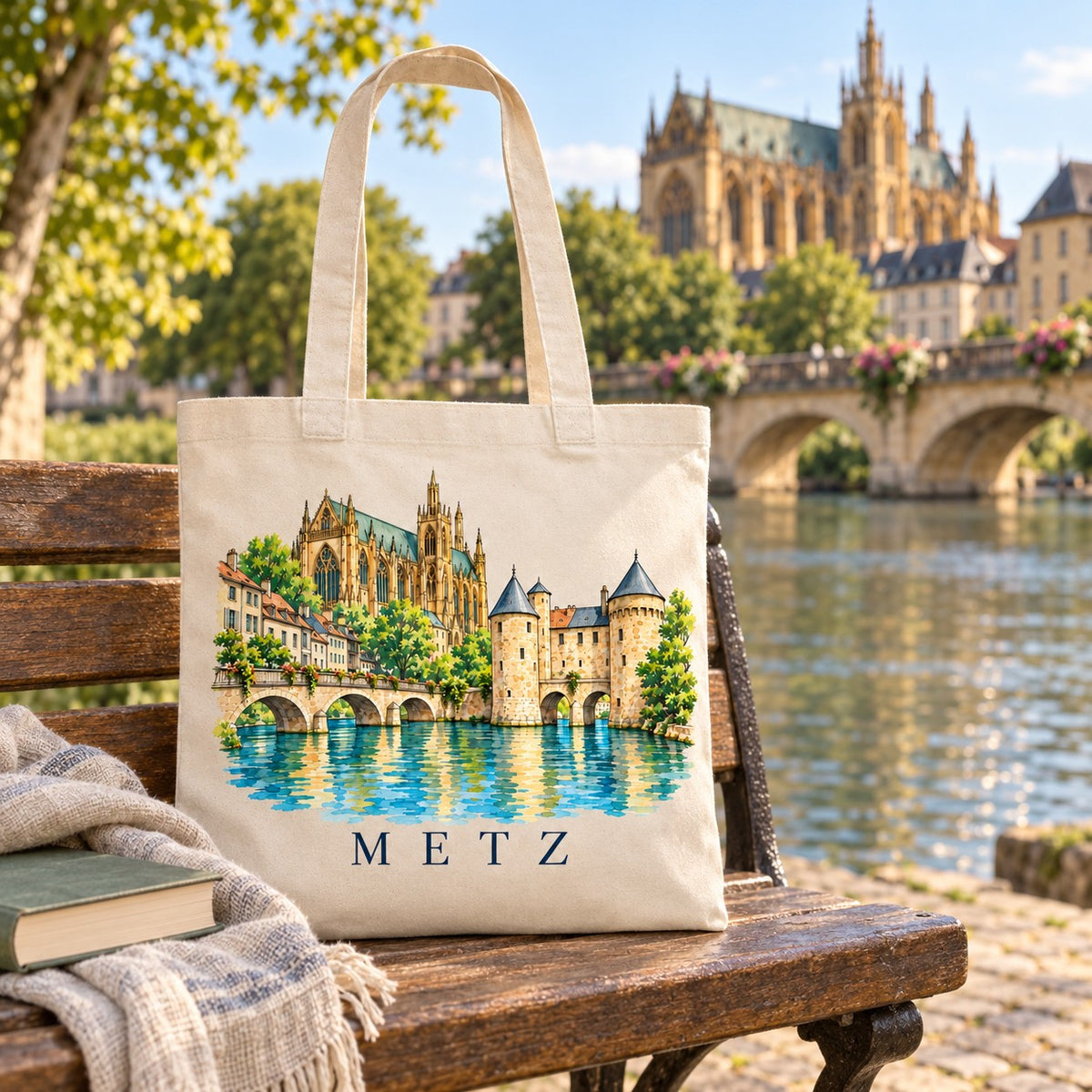 Tote bag Metz Essentiel posé sur un banc au bord de la Moselle, avec un livre et un plaid