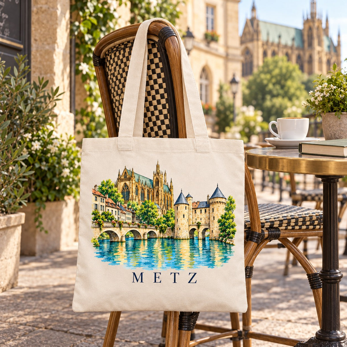 Tote bag Metz Essentiel suspendu à une chaise en terrasse face à la cathédrale, avec un café