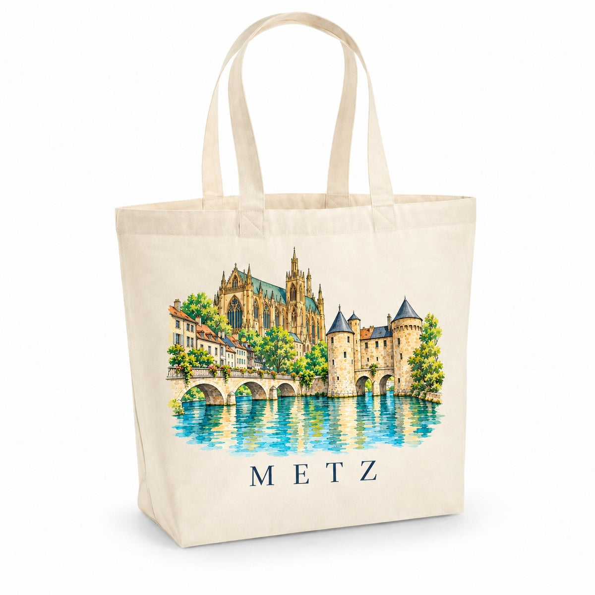 Tote bag Metz Premium, cabas à soufflet en coton naturel 200 g/m² de 18 litres, illustration aquarelle de la cathédrale Saint-Étienne, de la porte des Allemands et de la Moselle