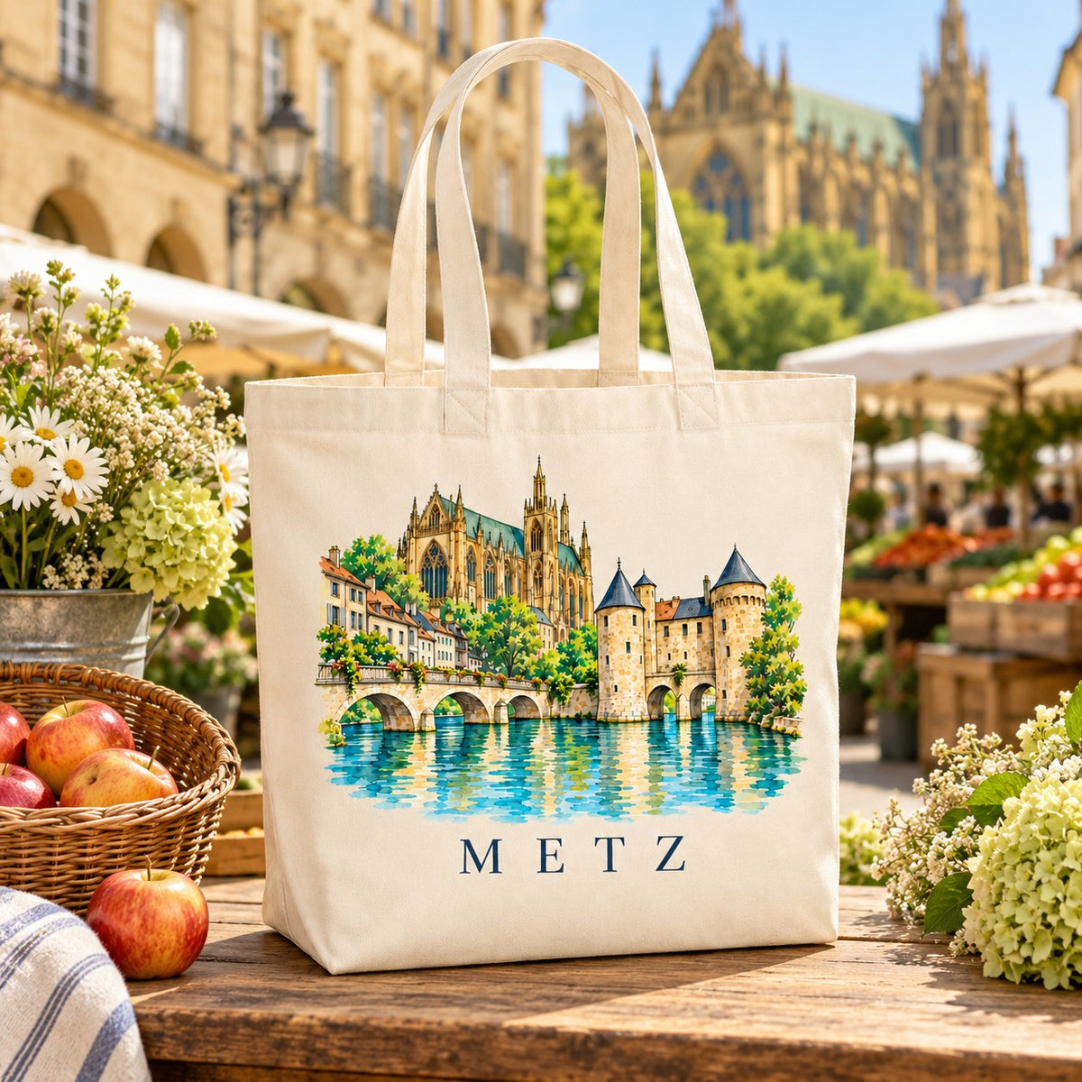 Tote bag Metz Premium posé sur un étal de marché avec des pommes et des fleurs