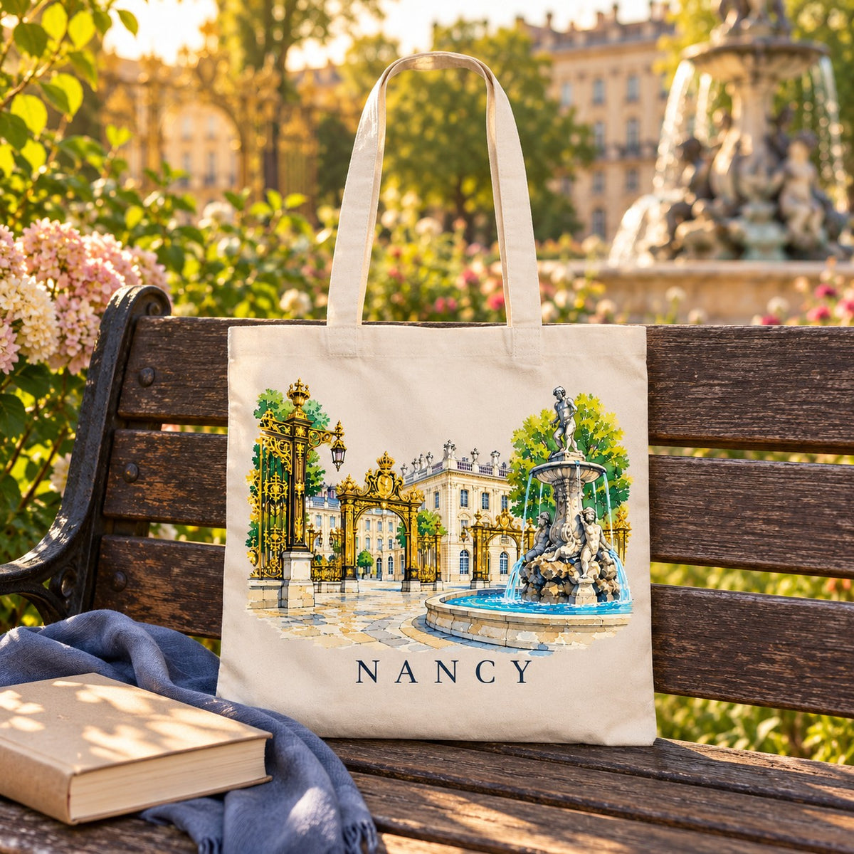 Tote bag Nancy Essentiel posé sur un banc près d'une fontaine, avec un livre et des fleurs