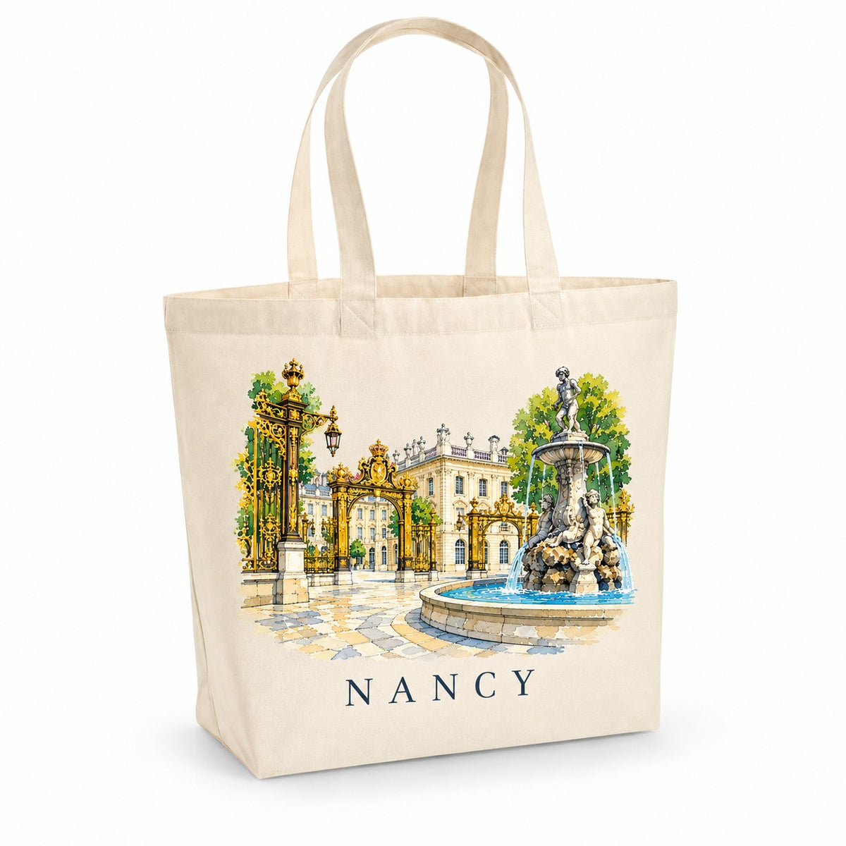 Tote bag Nancy Premium, cabas à soufflet en coton naturel 200 g/m² de 18 litres, illustration aquarelle de la place Stanislas, de ses grilles dorées et de sa fontaine