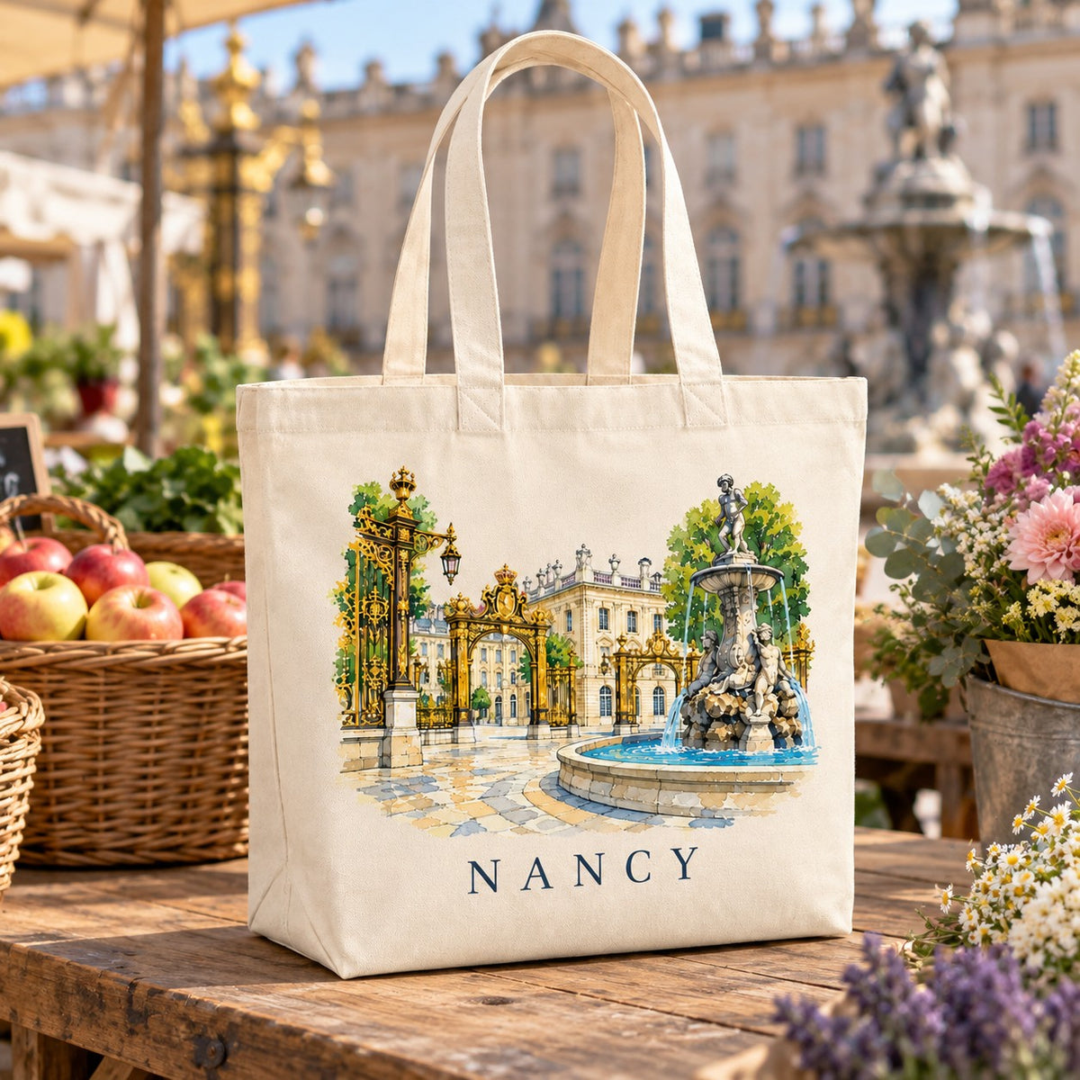 Tote bag Nancy Premium posé sur un étal de marché avec des pommes