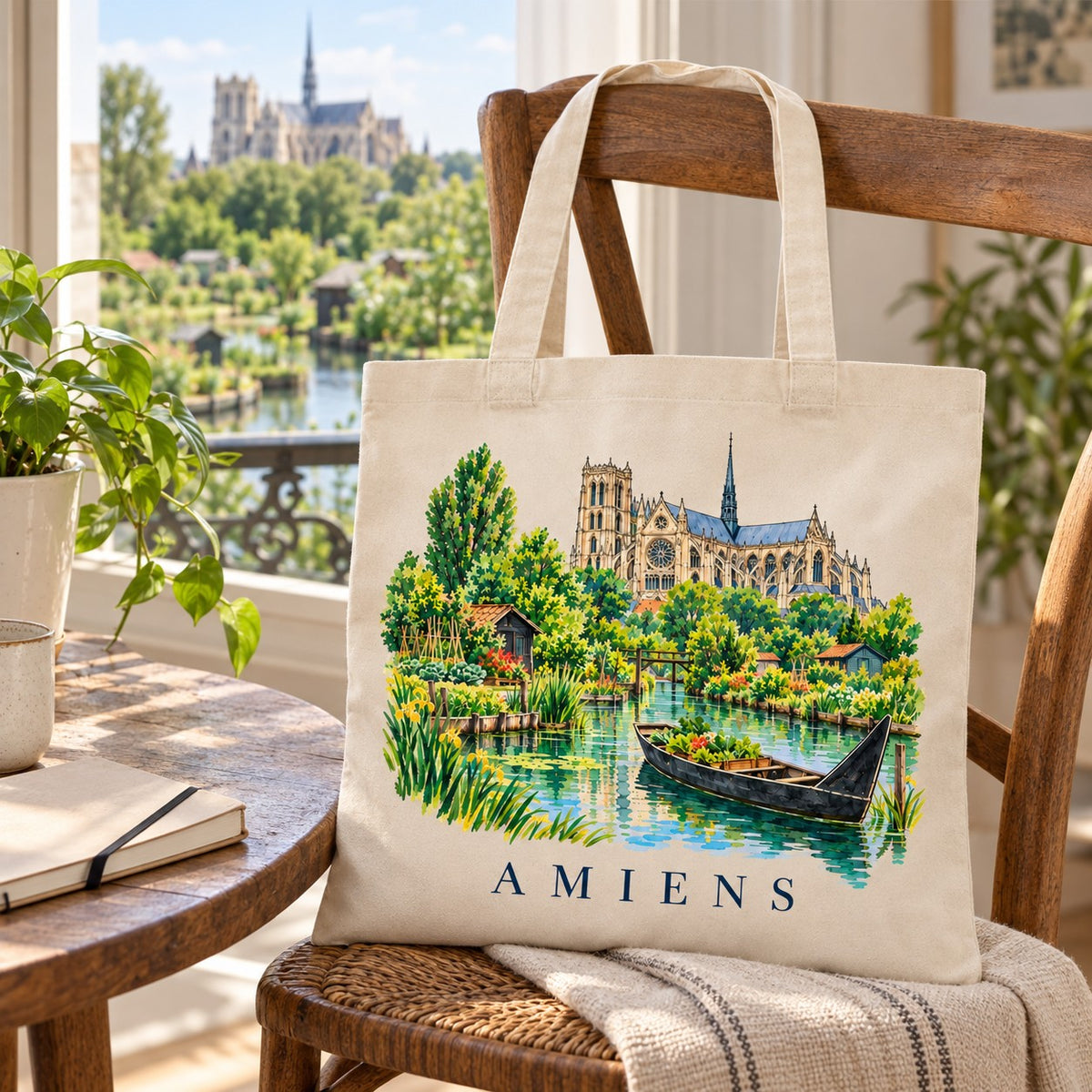 Tote bag Amiens Essentiel posé sur une chaise près d'une fenêtre, avec un carnet