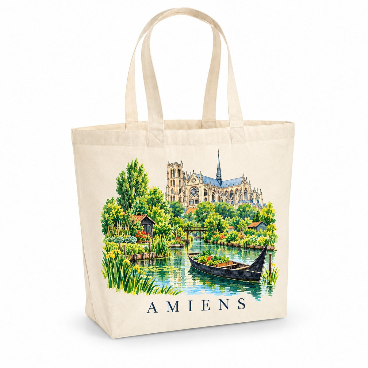 Tote bag Amiens Premium, cabas à soufflet en coton naturel 200 g/m² de 18 litres, illustration aquarelle de la cathédrale, des hortillonnages et d'une barque à cornet