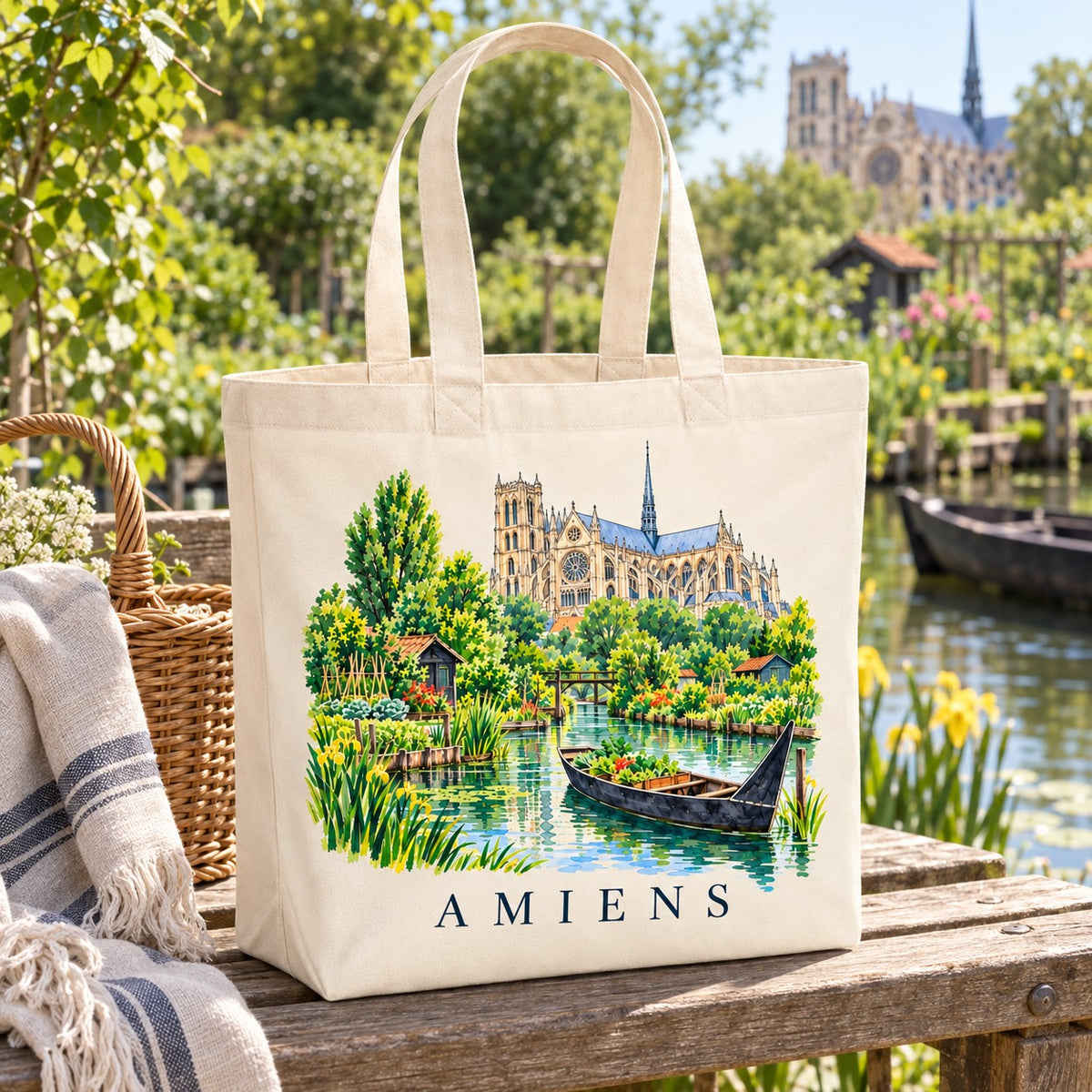 Tote bag Amiens Premium posé sur une table face aux hortillonnages, avec un panier
