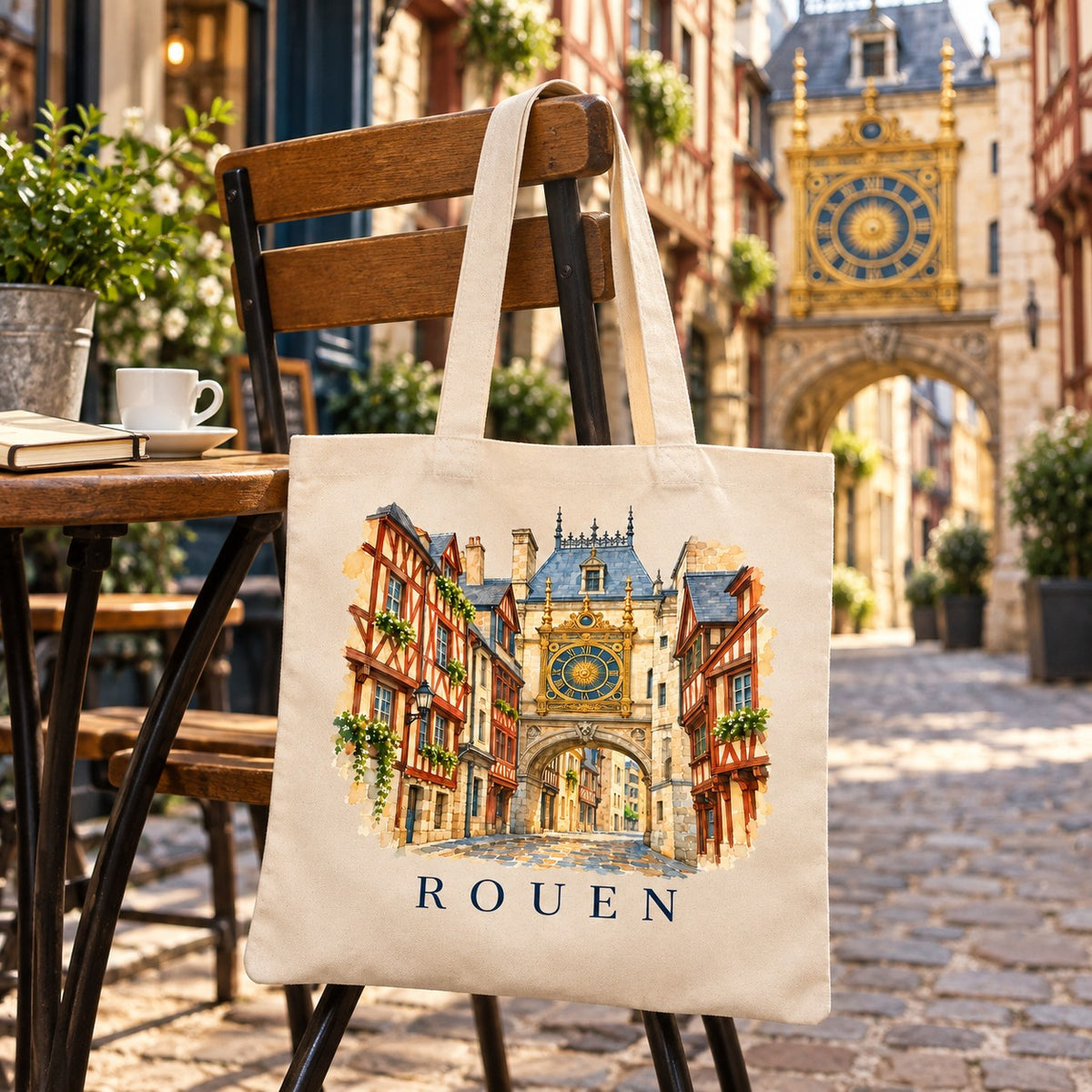 Tote bag Rouen Essentiel suspendu à une chaise en terrasse face au Gros-Horloge, avec un café