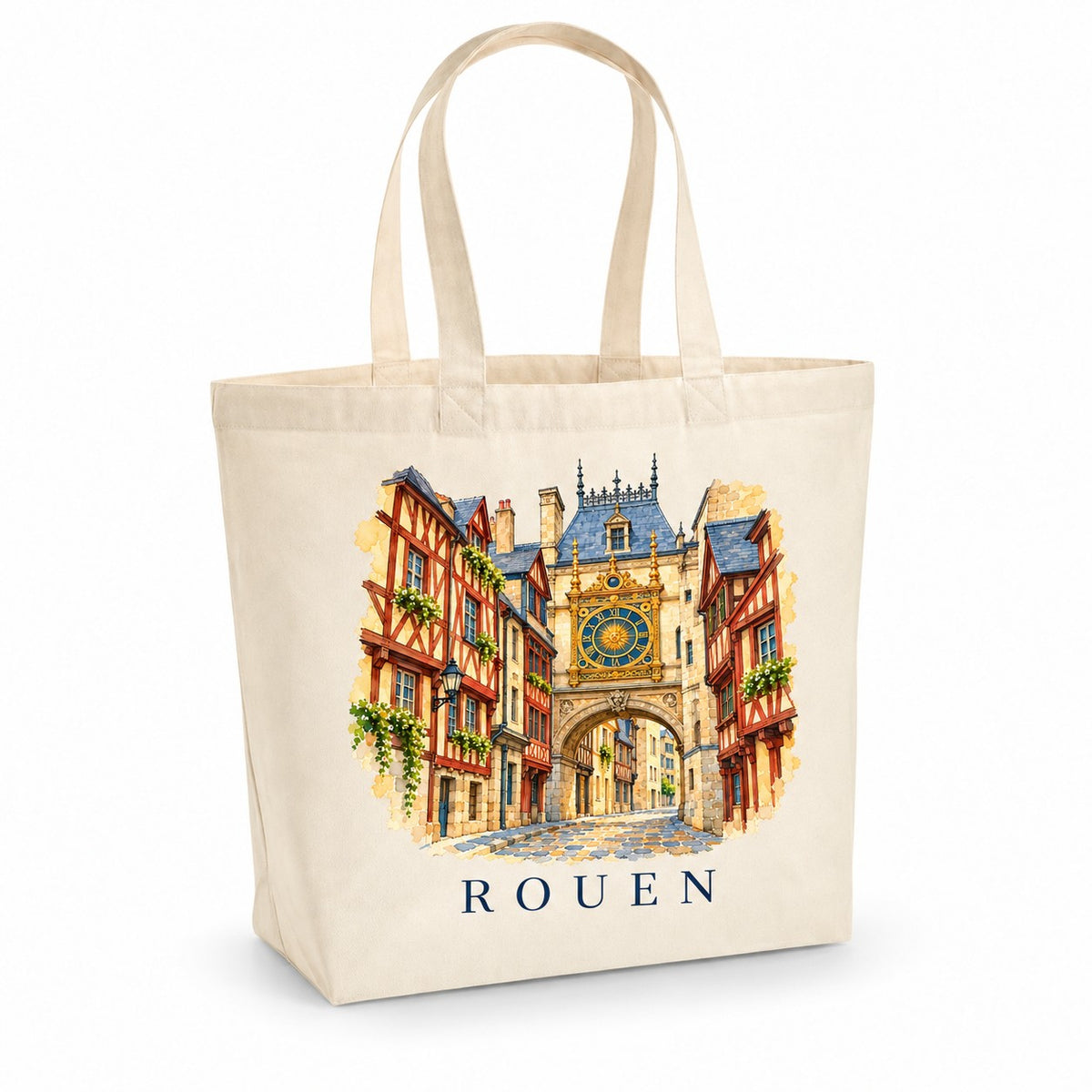 Tote bag Rouen Premium, cabas à soufflet en coton naturel 200 g/m² de 18 litres, illustration aquarelle du Gros-Horloge et des maisons à colombages