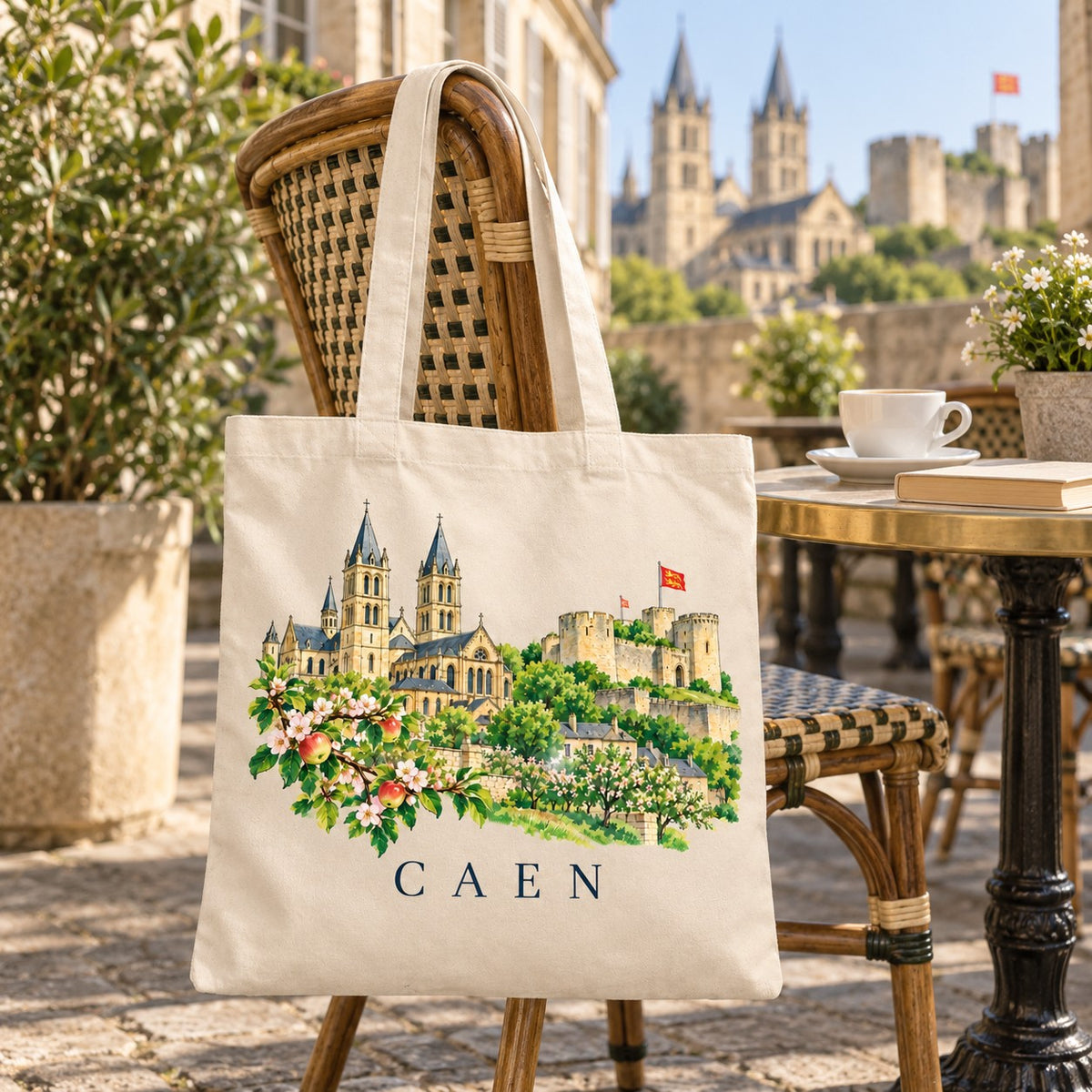 Tote bag Caen Essentiel suspendu à une chaise en terrasse face à l'abbaye, avec un café