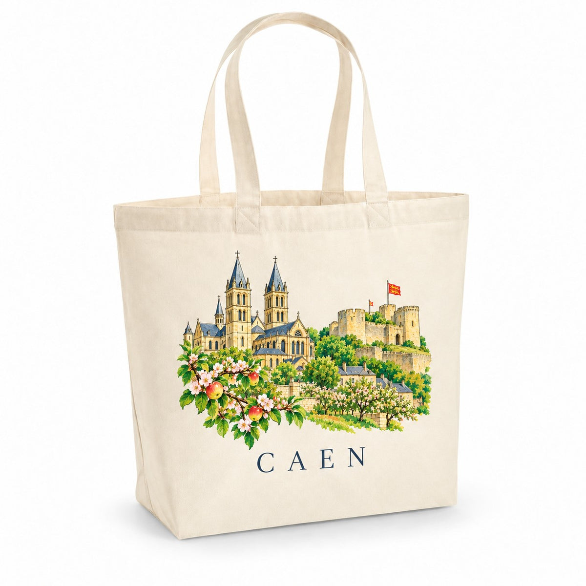 Tote bag Caen Premium, cabas à soufflet en coton naturel 200 g/m² de 18 litres, illustration aquarelle de l'abbaye aux Hommes, du château et des pommiers en fleurs