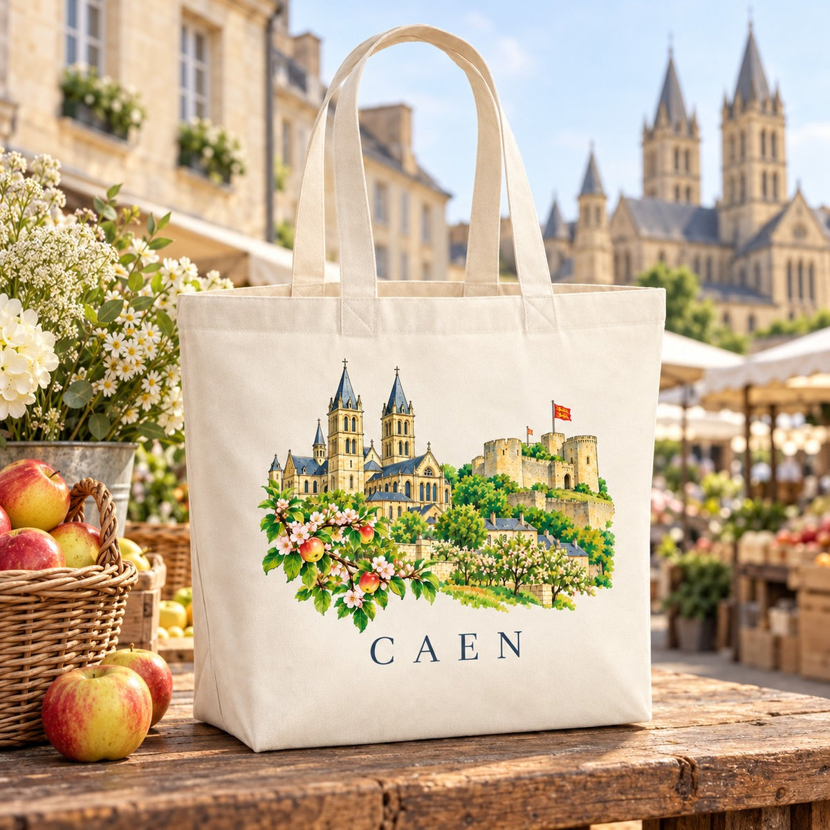 Tote bag Caen Premium posé sur un étal de marché avec des pommes