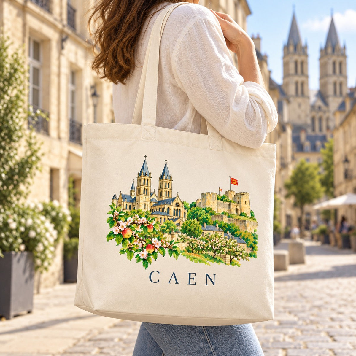 Tote bag Caen Premium porté à l'épaule dans une rue du centre, abbaye en arrière-plan