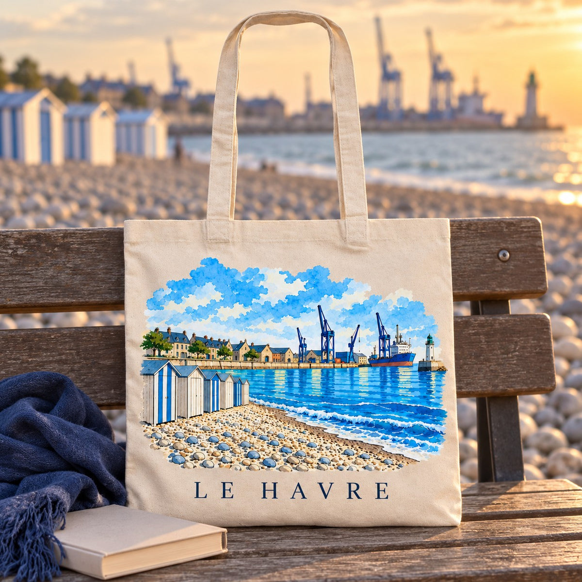 Tote bag Le Havre Essentiel posé sur un banc face à la plage au coucher du soleil, avec un livre