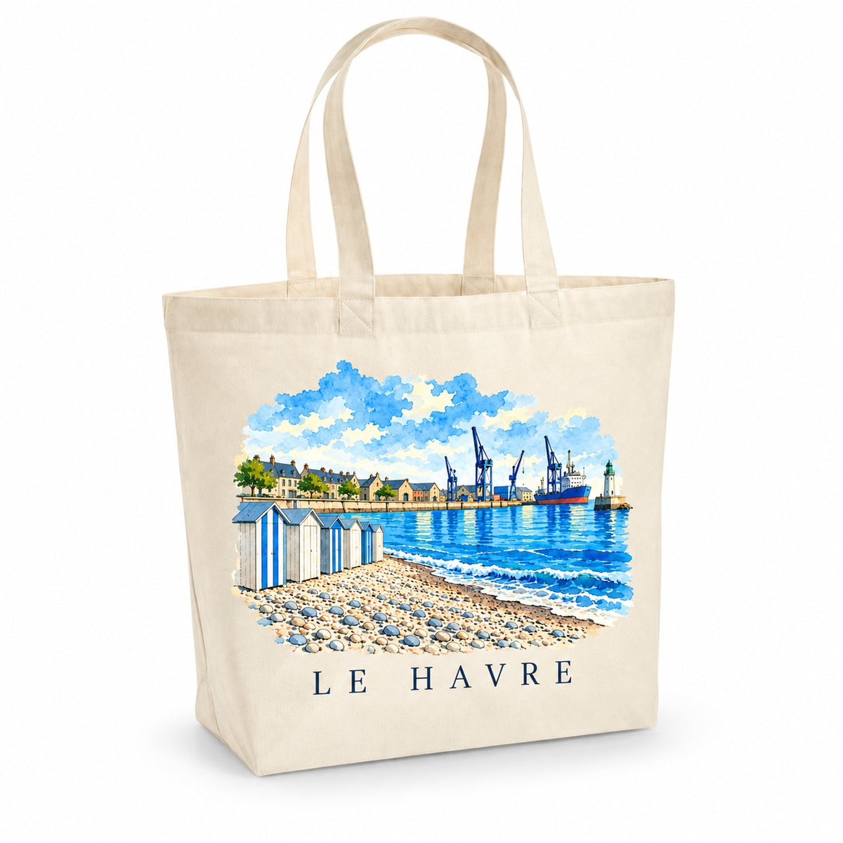 Tote bag Le Havre Premium, cabas à soufflet en coton naturel 200 g/m² de 18 litres, illustration aquarelle du port, de la plage de galets et des cabines