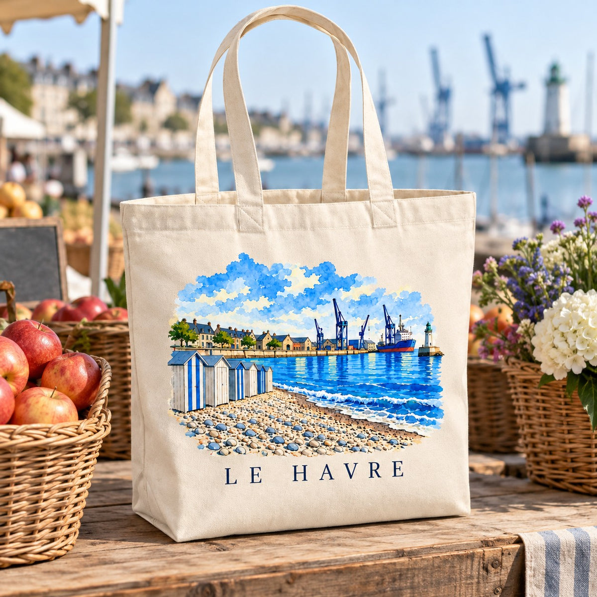 Tote bag Le Havre Premium posé sur un étal avec des pommes et des fleurs