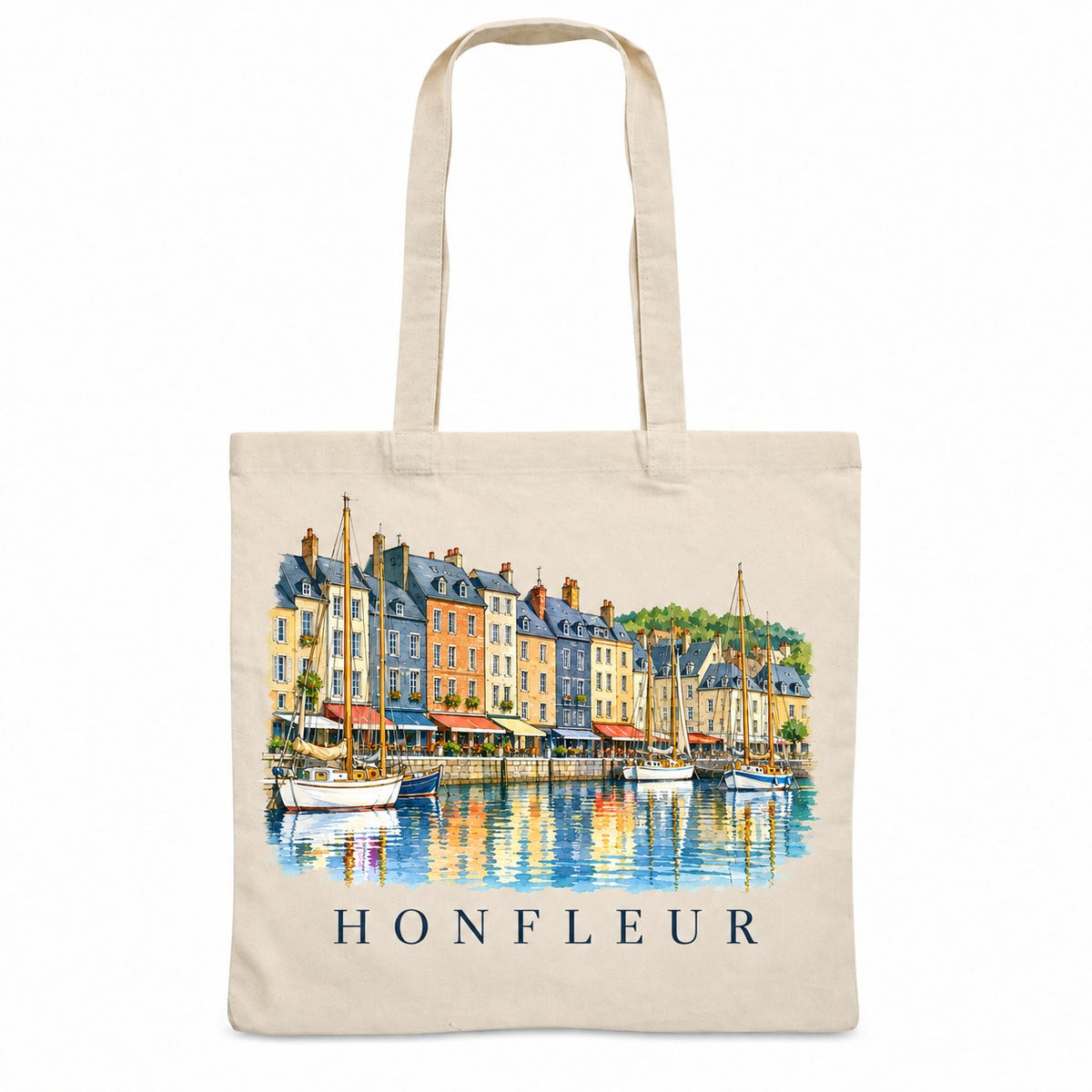 Tote bag Honfleur Essentiel, sac plat en coton naturel 140 g/m² de 38 × 42 cm, illustration aquarelle du Vieux Bassin, de ses hautes maisons et des voiliers
