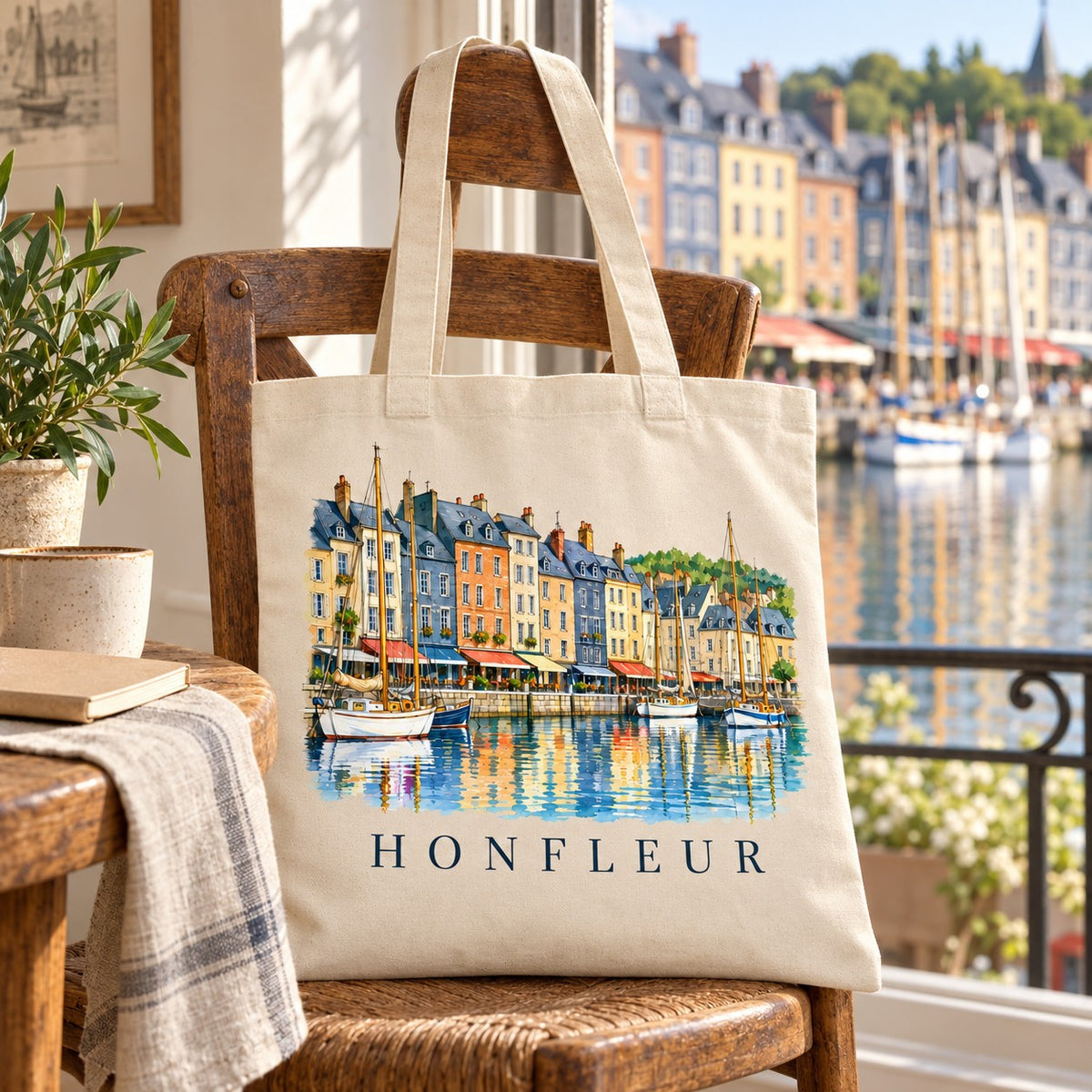Tote bag Honfleur Essentiel posé sur une chaise près d'une fenêtre ouverte sur le port