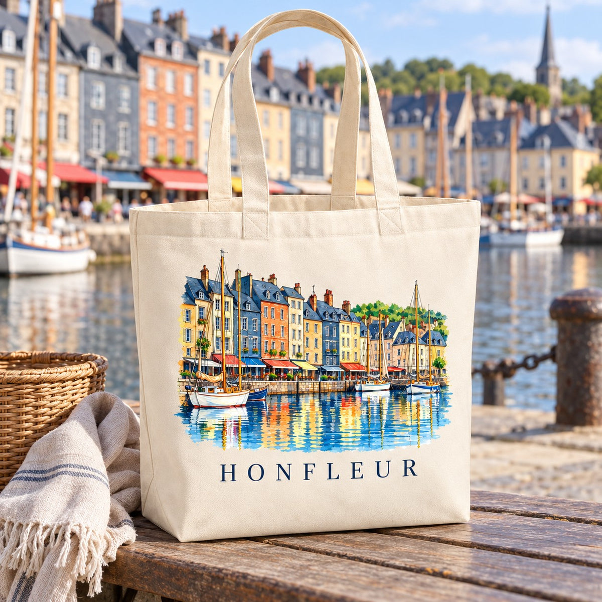 Tote bag Honfleur Premium posé sur un banc face au port, avec un panier et un plaid
