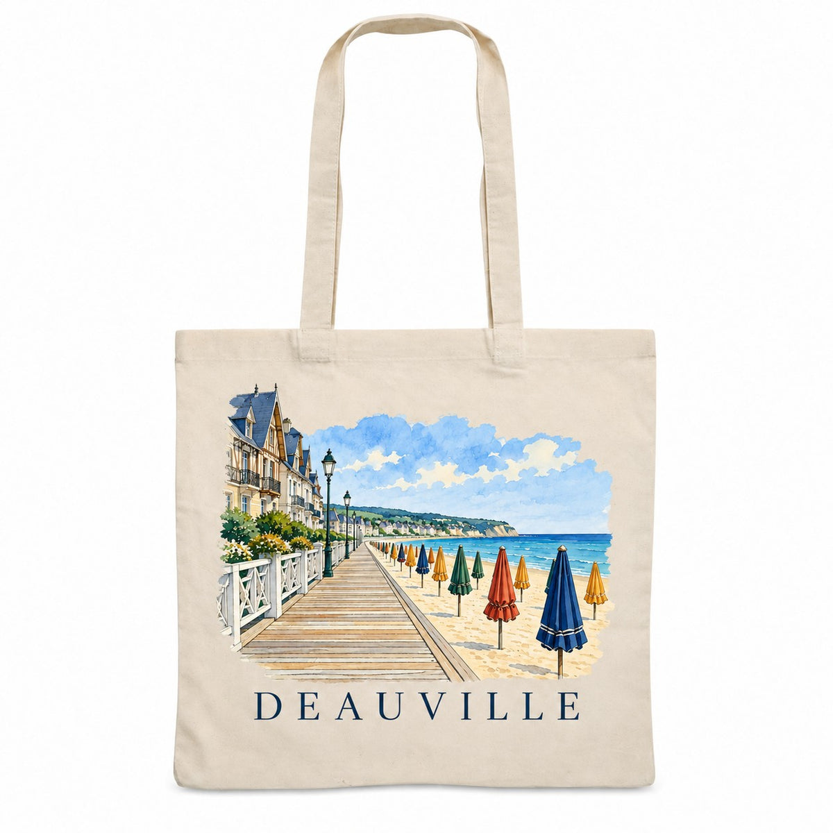 Tote bag Deauville Essentiel, sac plat en coton naturel 140 g/m² de 38 × 42 cm, illustration aquarelle des Planches, des parasols colorés et de la plage