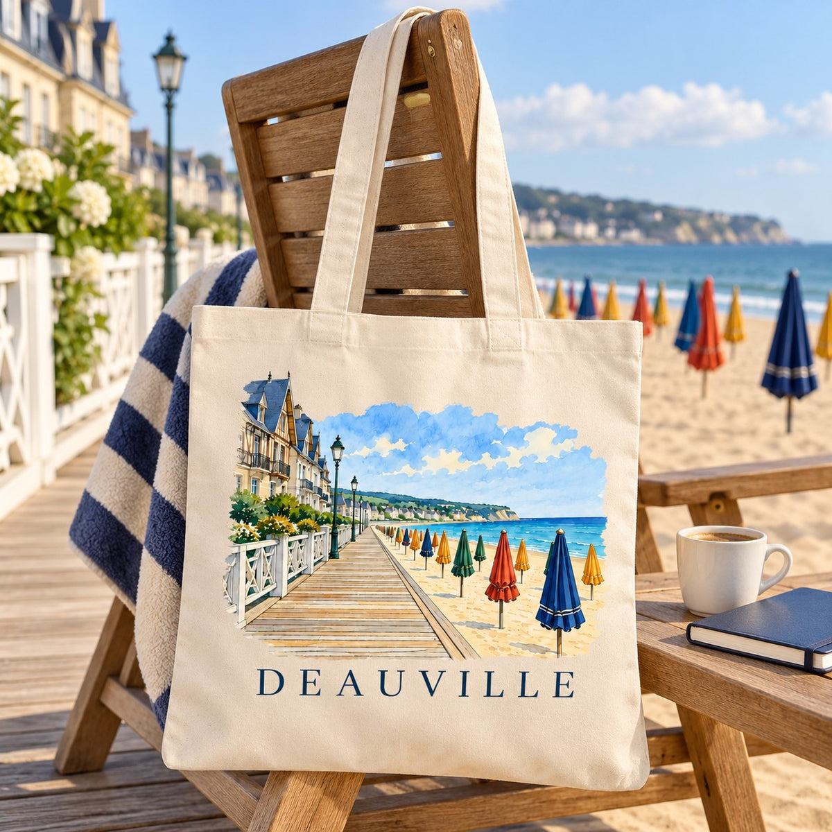 Tote bag Deauville Essentiel posé sur une chaise longue face à la plage, avec une serviette rayée