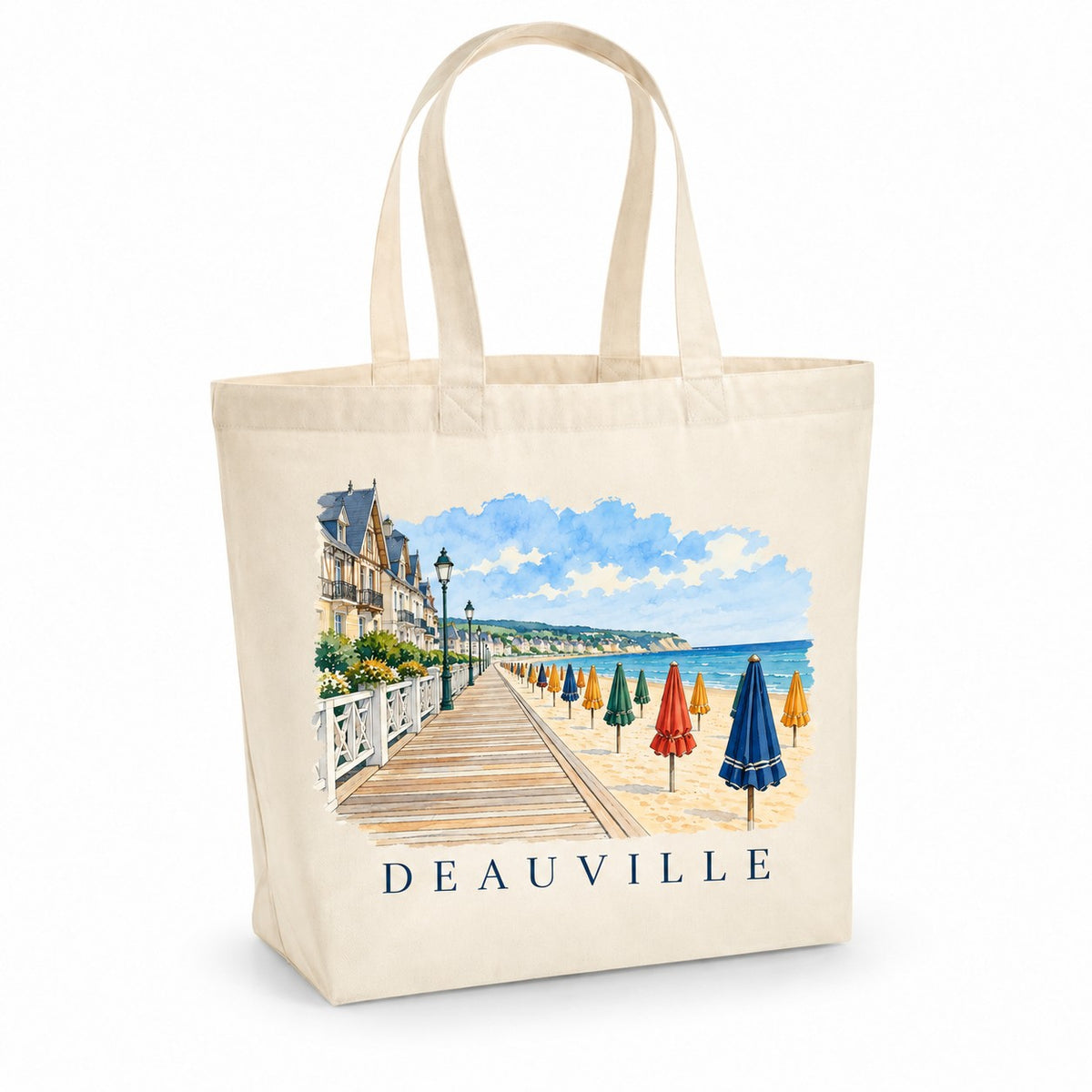 Tote bag Deauville Premium, cabas à soufflet en coton naturel 200 g/m² de 18 litres, illustration aquarelle des Planches, des parasols colorés et de la plage