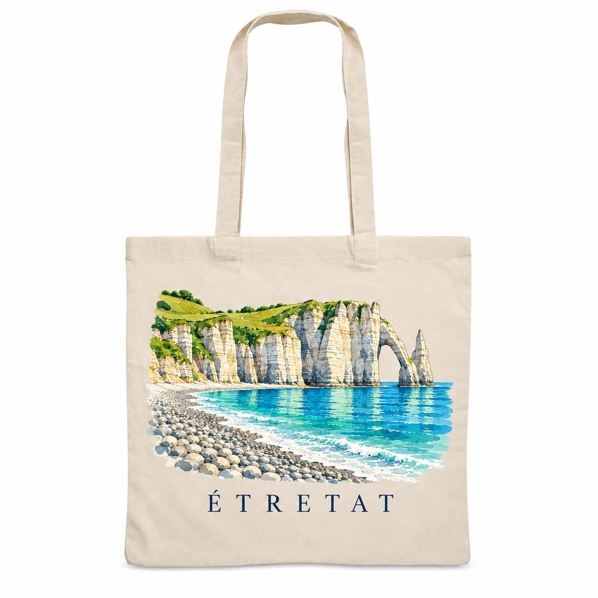 Tote bag Étretat Essentiel, sac plat en coton naturel 140 g/m² de 38 × 42 cm, illustration aquarelle des falaises, de l'arche de la Porte d'Aval et de la plage de galets