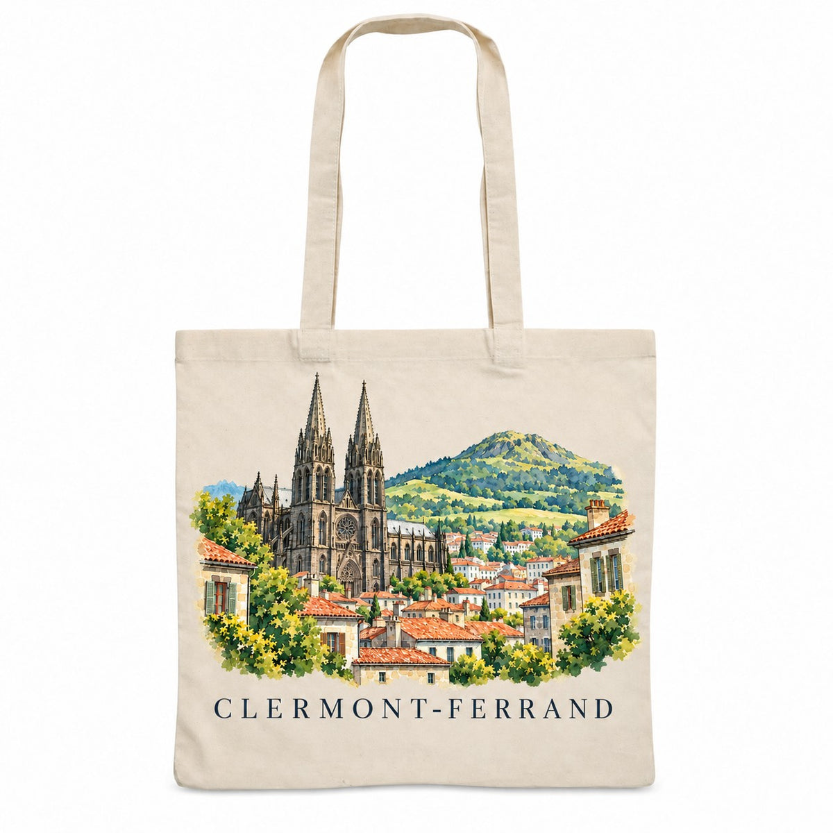 Tote bag Clermont-Ferrand Essentiel, sac plat en coton naturel 140 g/m² de 38 × 42 cm, illustration aquarelle de la cathédrale en pierre noire et du puy de Dôme