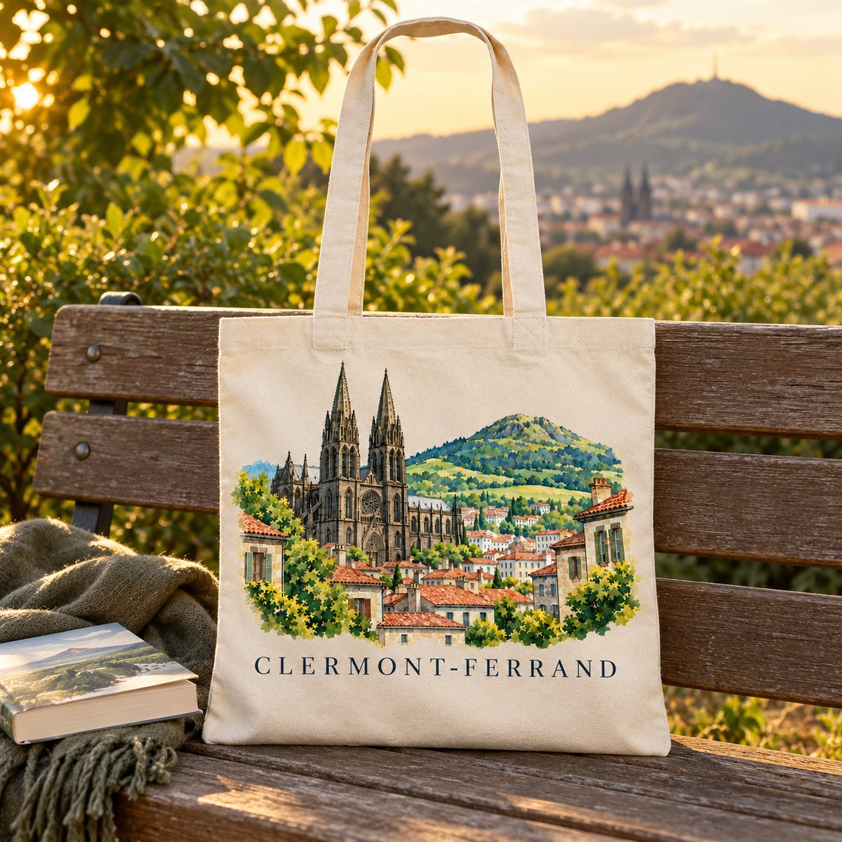 Tote bag Clermont-Ferrand Essentiel posé sur un banc face au puy de Dôme, avec un livre et un plaid