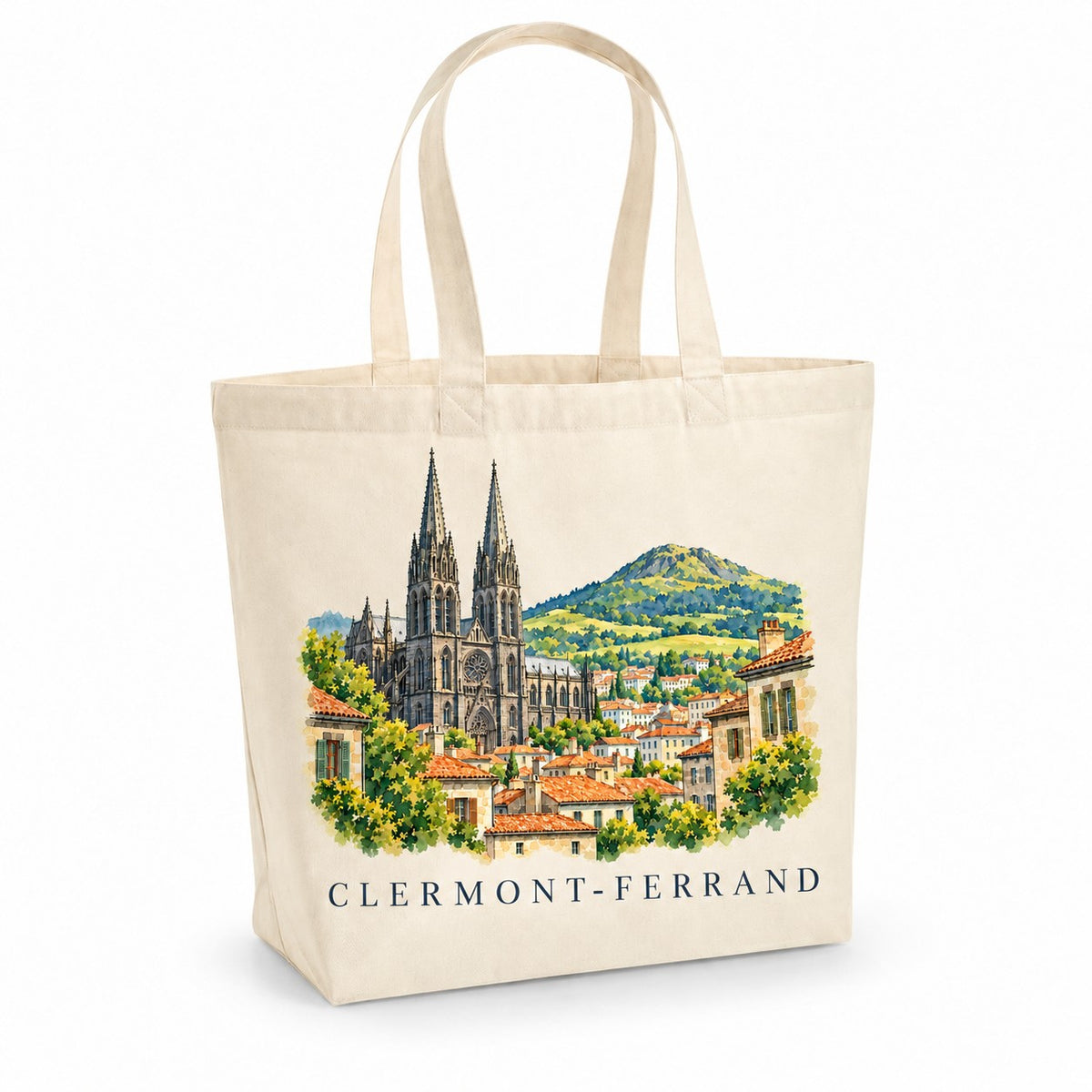 Tote bag Clermont-Ferrand Premium, cabas à soufflet en coton naturel 200 g/m² de 18 litres, illustration aquarelle de la cathédrale en pierre noire et du puy de Dôme