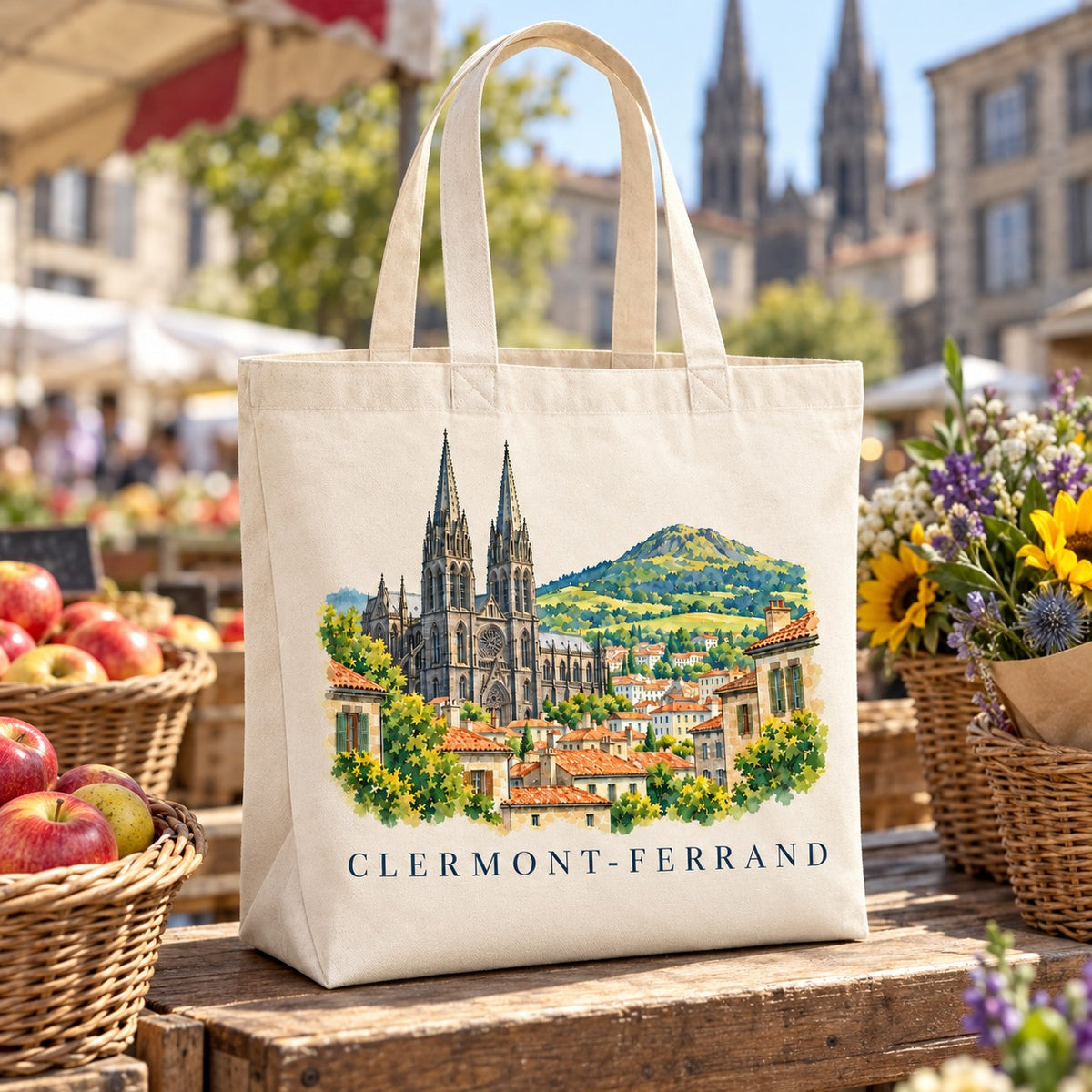 Tote bag Clermont-Ferrand Premium posé sur un étal de marché avec des pommes et des fleurs