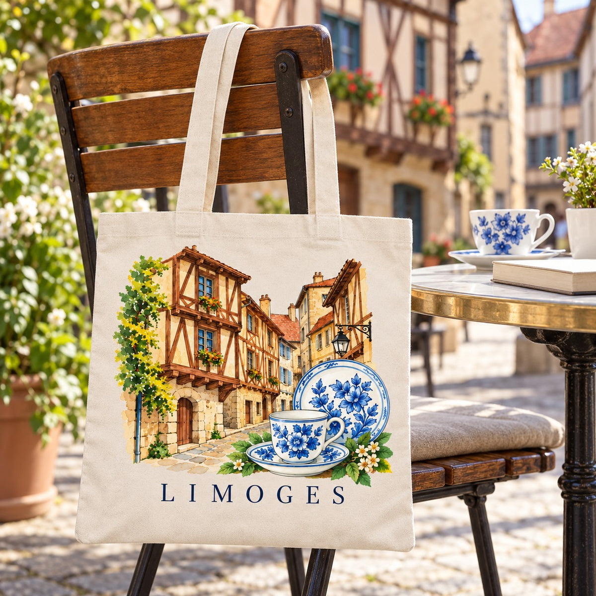 Tote bag Limoges Essentiel suspendu à une chaise en terrasse avec une tasse de porcelaine bleue