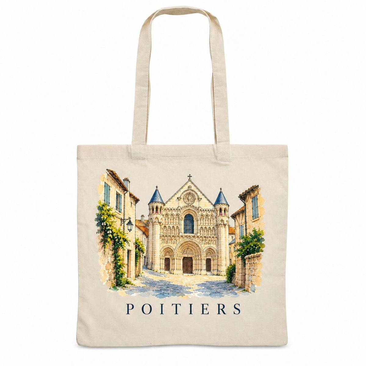 Tote bag Poitiers Essentiel, sac plat en coton naturel 140 g/m² de 38 × 42 cm, illustration aquarelle de la façade de Notre-Dame-la-Grande et des ruelles
