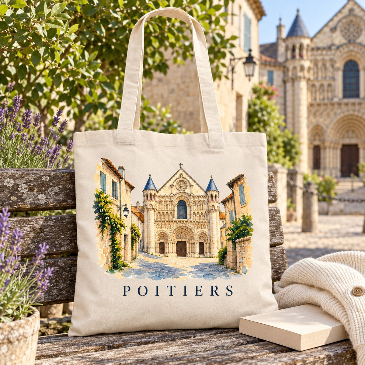 Tote bag Poitiers Essentiel posé sur un banc face à l'église, avec un livre et un pull
