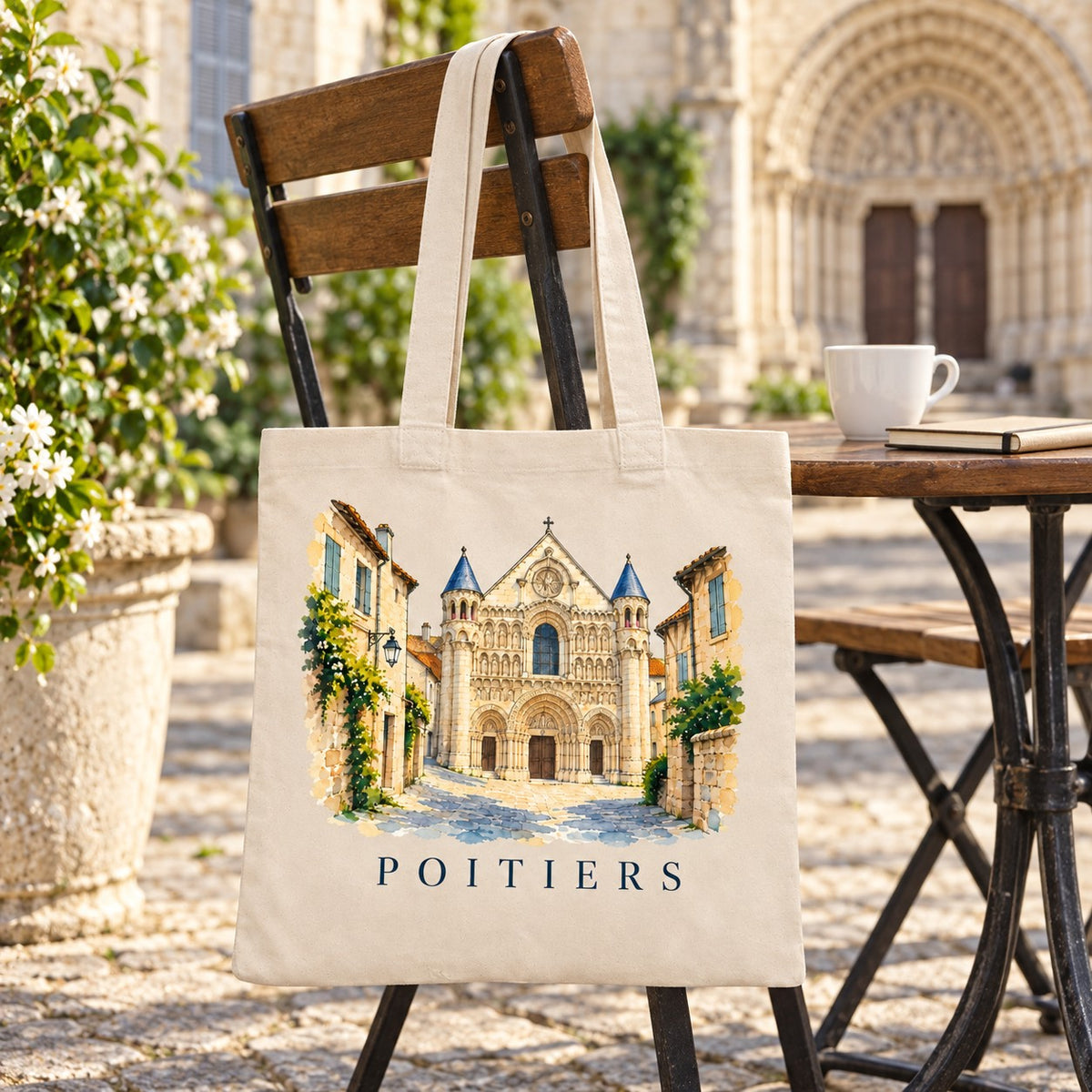 Tote bag Poitiers Essentiel suspendu à une chaise en terrasse face à l'église, avec un café