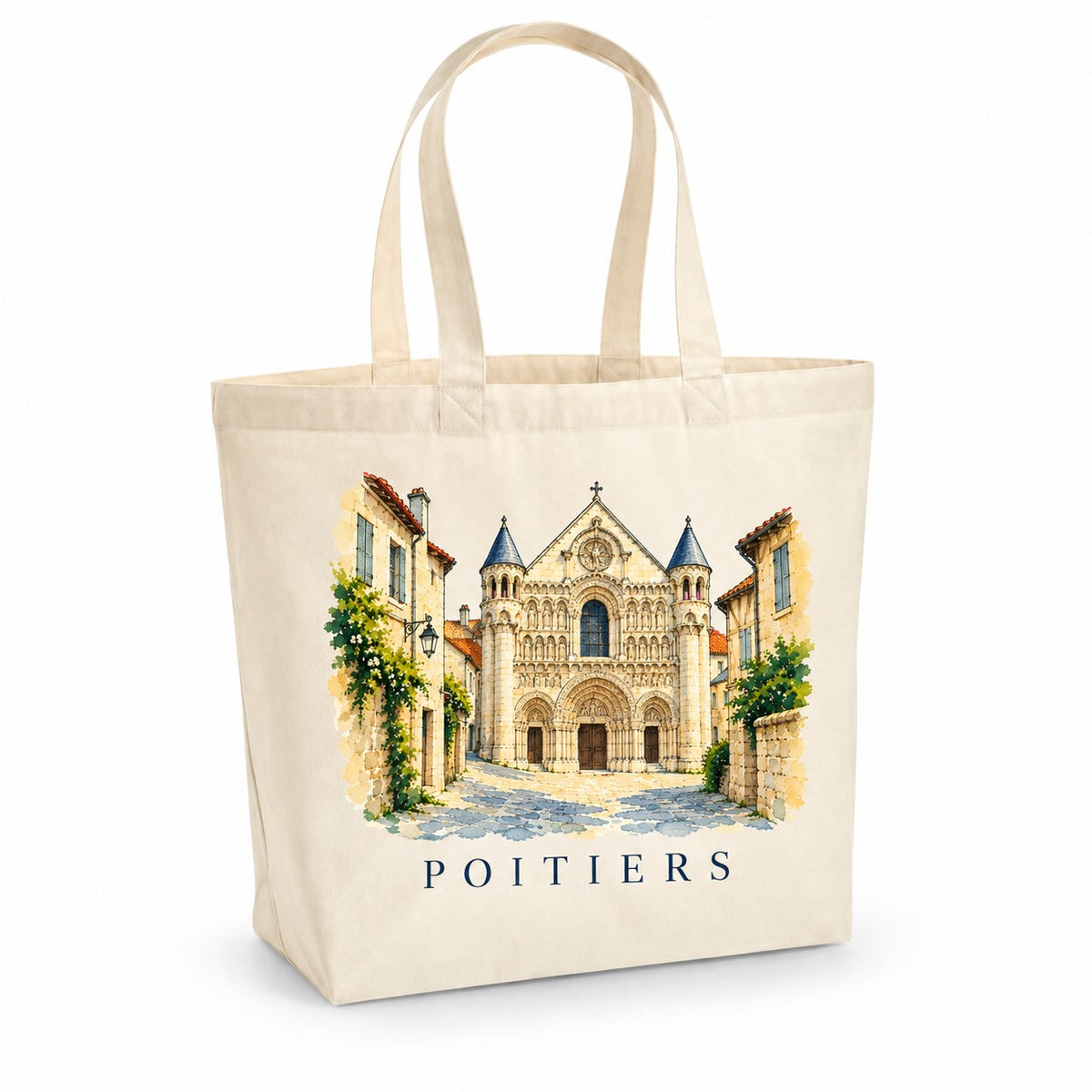 Tote bag Poitiers Premium, cabas à soufflet en coton naturel 200 g/m² de 18 litres, illustration aquarelle de la façade de Notre-Dame-la-Grande et des ruelles