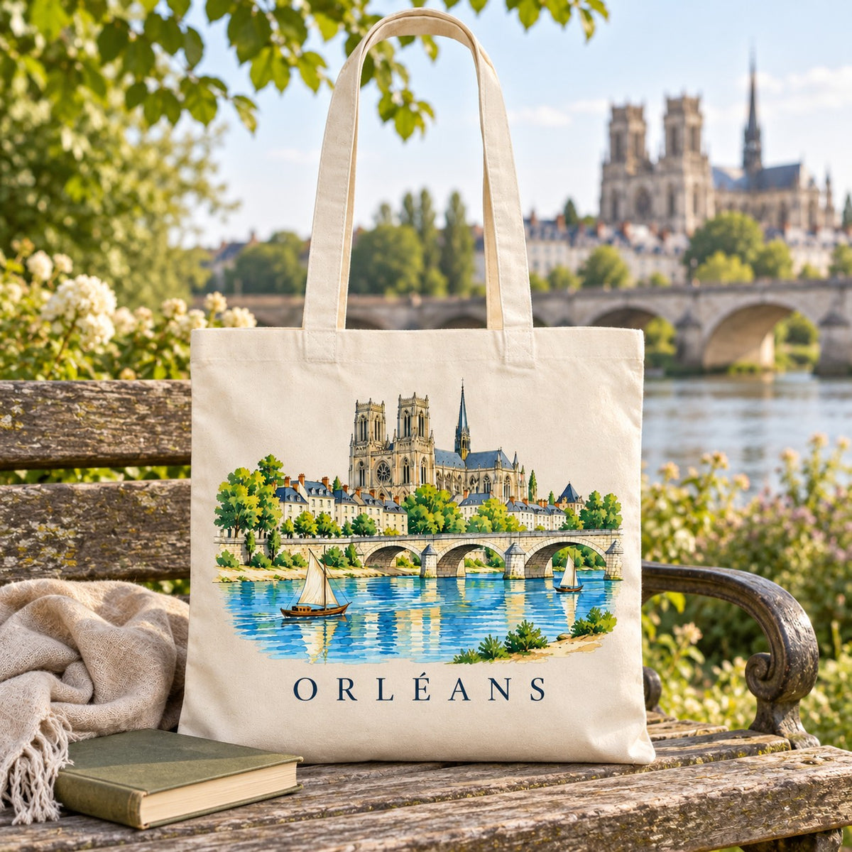 Tote bag Orléans Essentiel posé sur un banc face à la Loire, avec un livre et un plaid